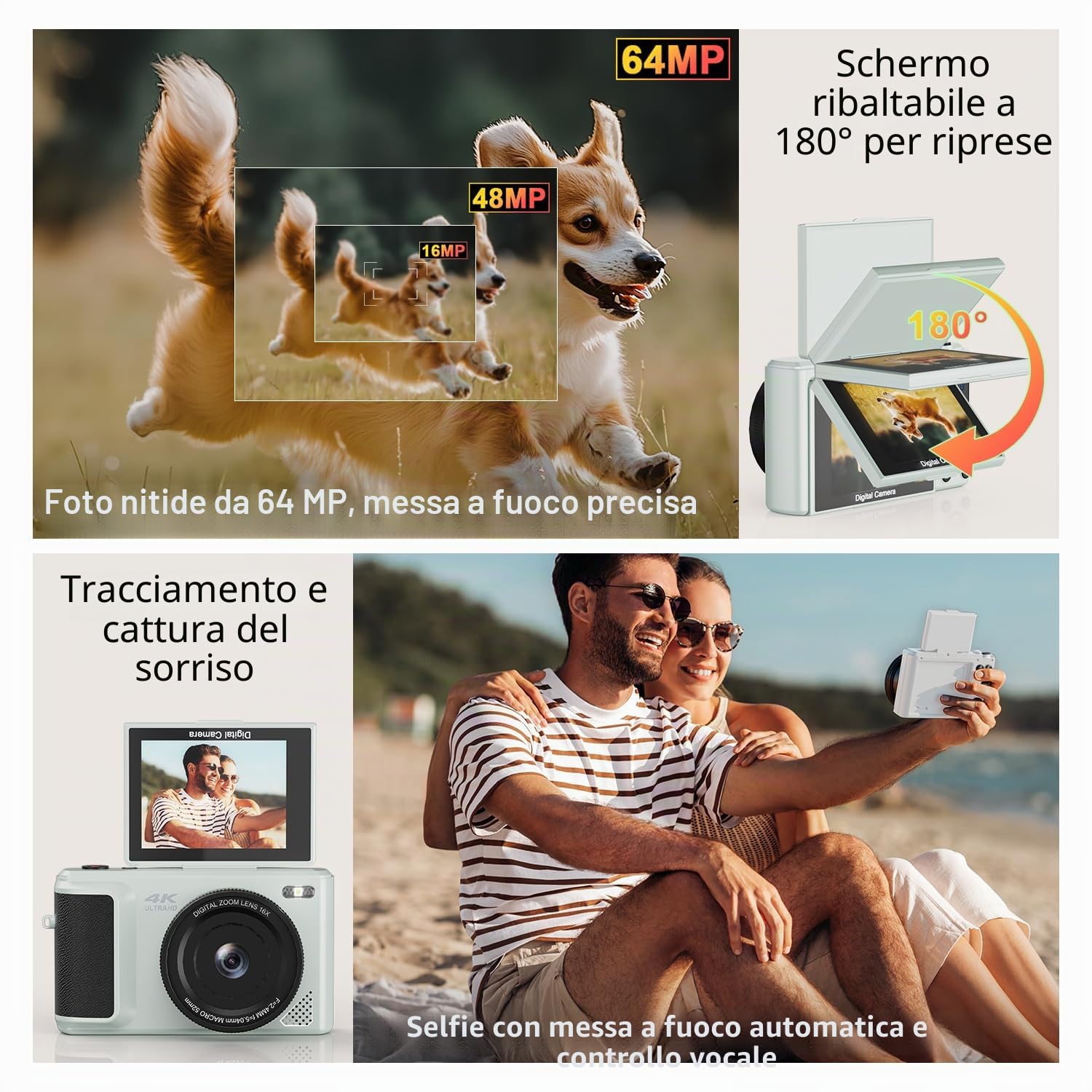 ARNSSIEN Fotocamera Digitale 4K Compatta 2,8" Flip 180°Macchina Fotografica | Zoom 16X, batteria integrata 1500mAh, design compatto e portatile, ideale per viaggi e principianti, facile da usare,Y1
