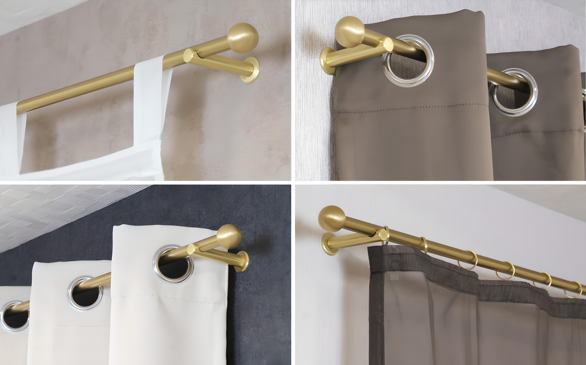Gardinenstange in Messing Optik 16 mm mit Endstück Kugel, Vorhangstange aus Metall mit Gardinenringen, Set zur Wandmontage mit 1 Schraube pro Wandhalter, 240 cm (2 x 120 cm)