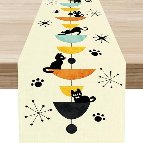 Miniatura 43 de Camino de mesa de los años 70, rústico azul ondulado, cuadrícula floral, moderno, retro, bohemio, hippie de los años 60, decoración abstracta de la