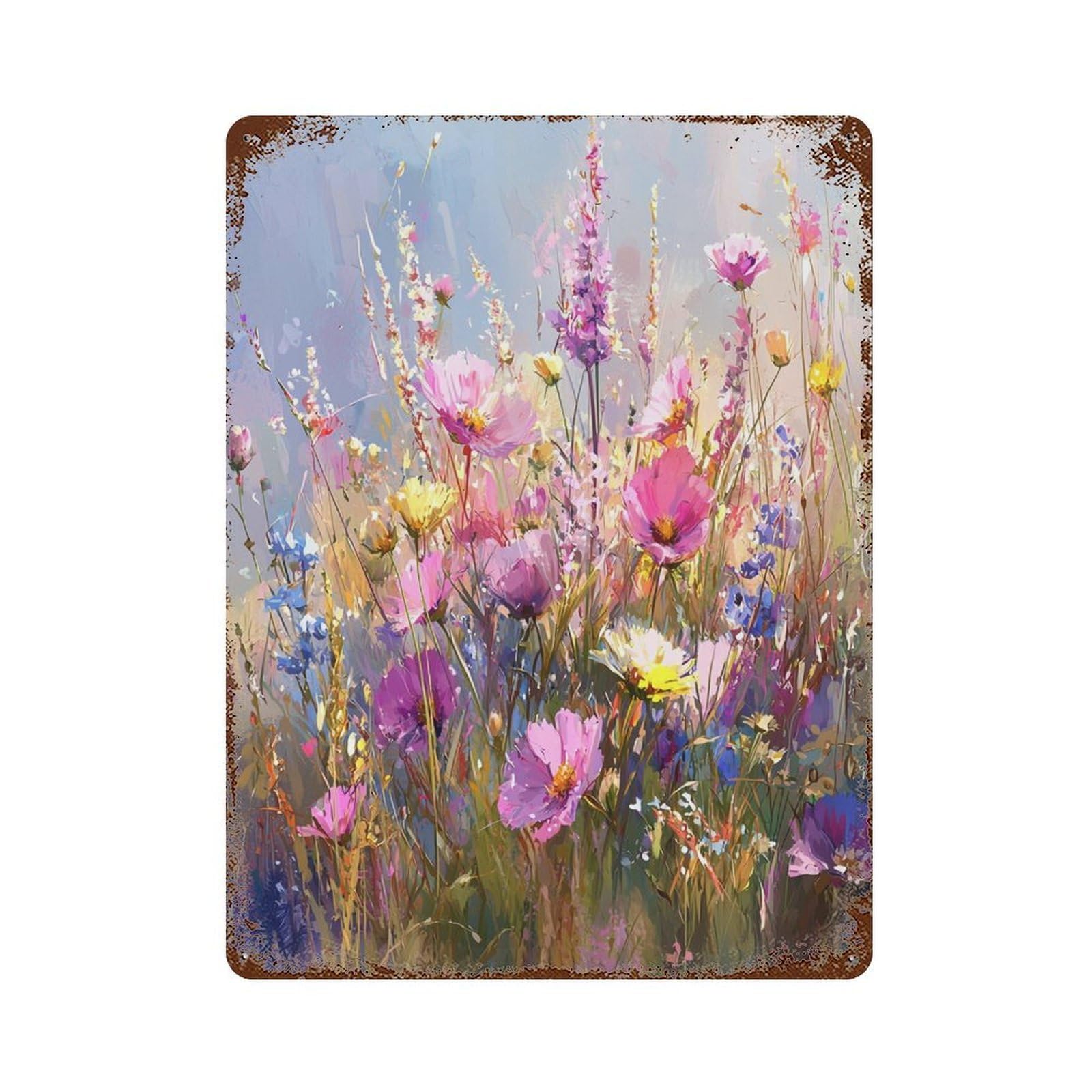 Colorful Wildflower Field Painting Vintage Rust Metal Sign 15.7"x11.8", Shabby Chic Decor for Living Room, Hallway And Home Decor