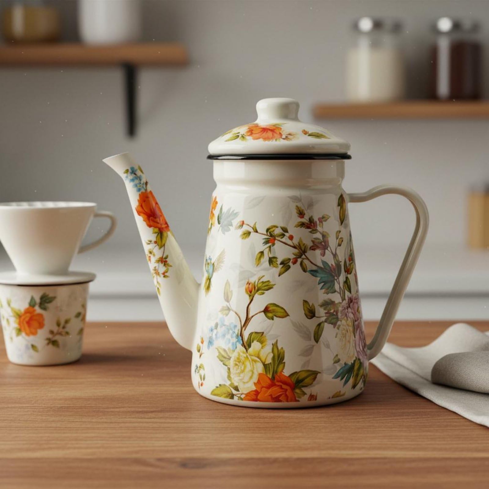 Contenitore per Bevande in Smalto con Coperchio Rimovibile per E Caffè con Motivo Floreale E Manico Comodo Adatto per