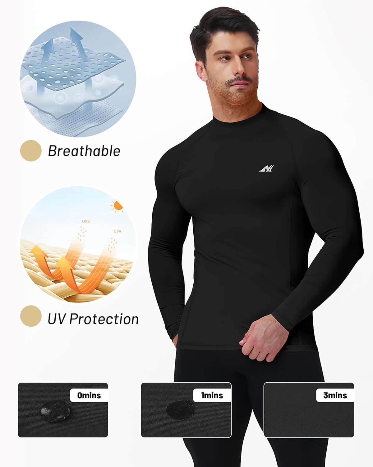 Nakuvara Men's Compression Shirt Mock Neck, UPF 50+ Long Sleeve Workout Undershirts, Quick Dry Athletic Sports Base Layer - Image 6
