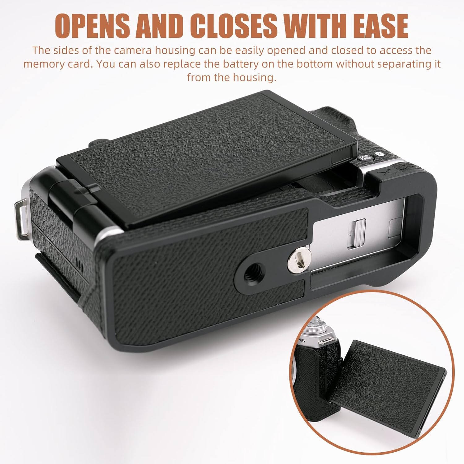 Handmade Genuine Leather Camera Half Case for Fujifilm X-M5/Fujifilm X-M5 Case - Top Layer Cowhide Body + Metal Base Plate (Black & Black Link)