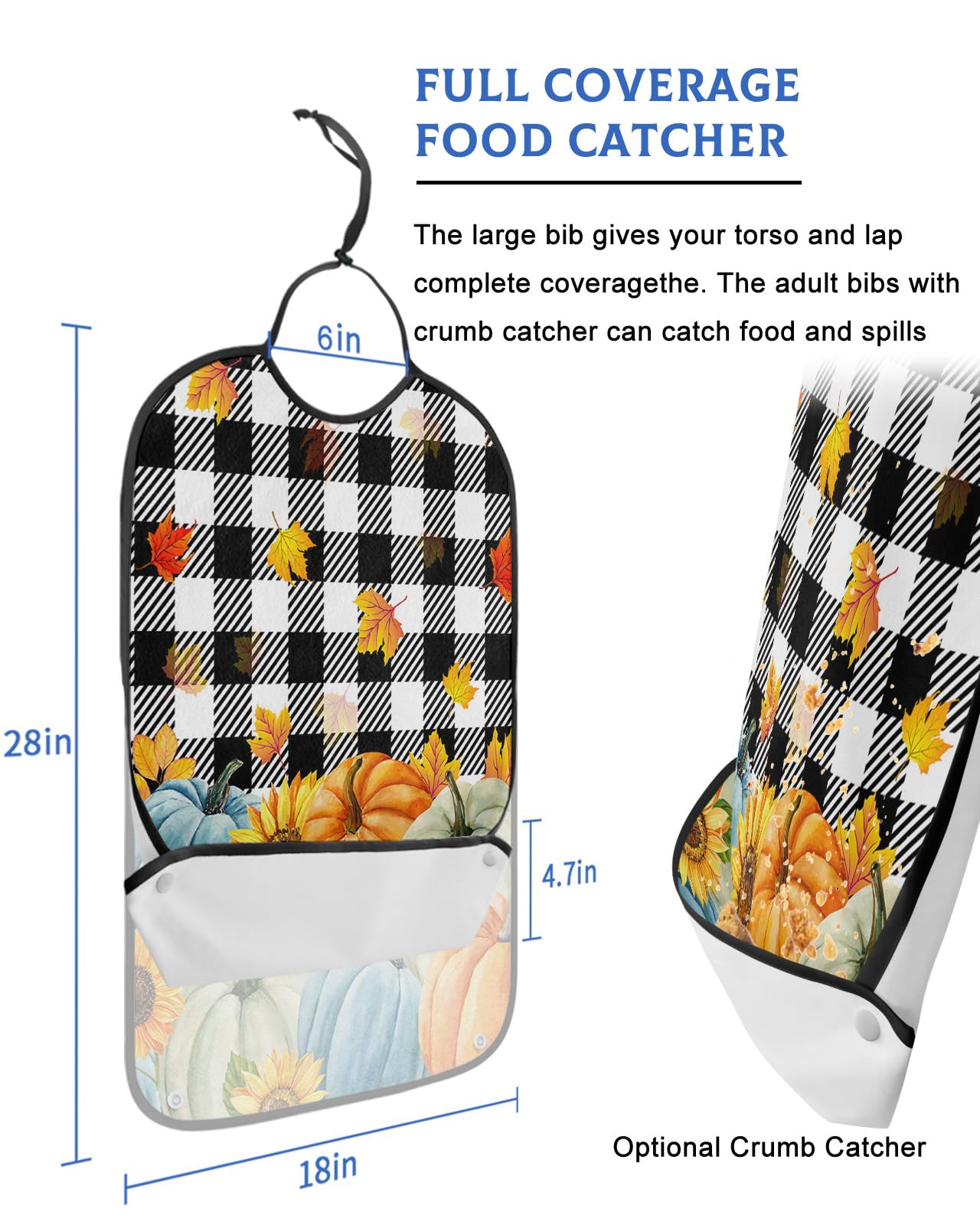 LEOKOTI Orange Blue Teal Pumpkins Fall Adult Bibs for Eating, Waterproof Bibs with Food Catcher & Snap Closure, Thanksgiving Maple Leaf Black Plaid Washable Clothing Protectors Adult Bibs for Elderly