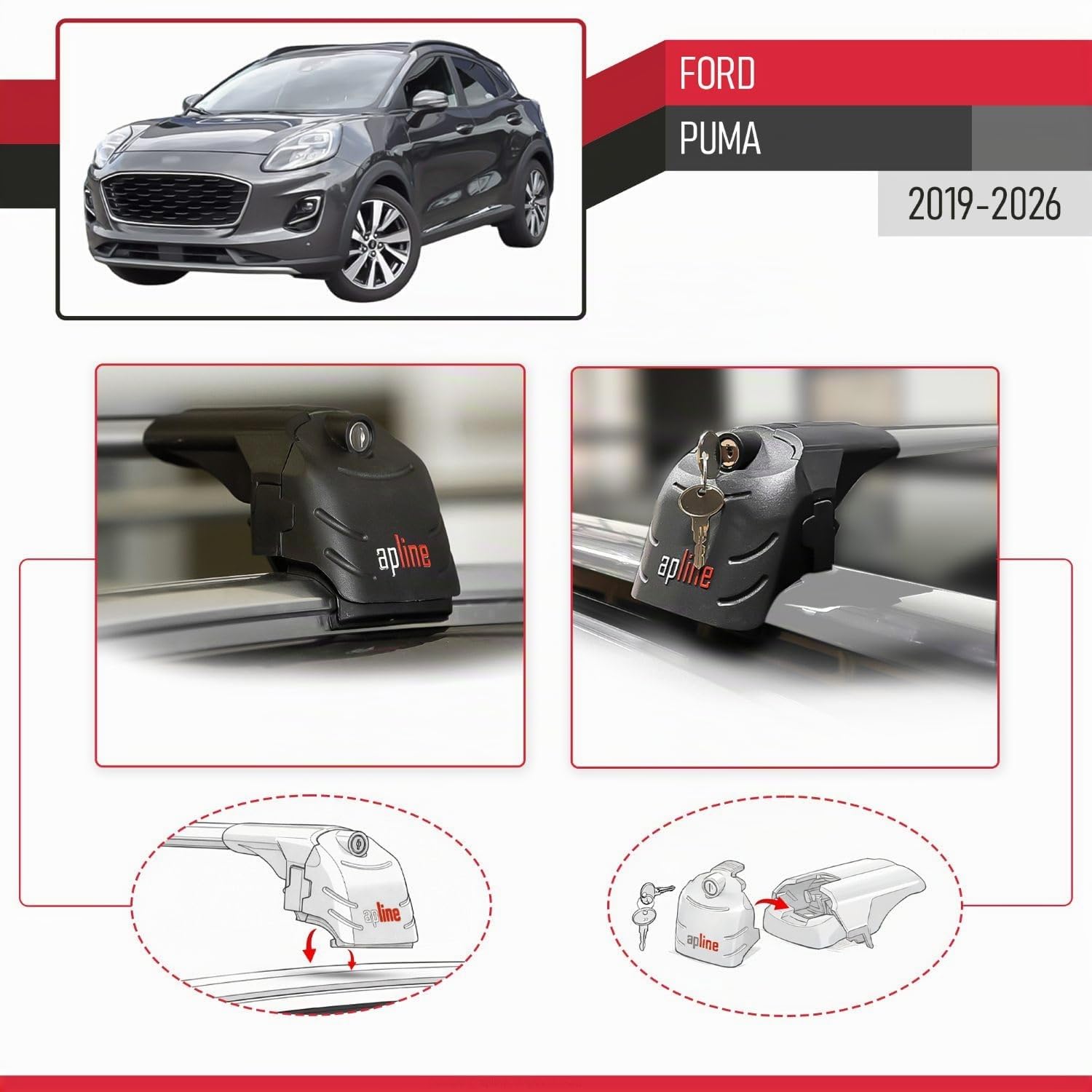 Compatibile con Ford Puma 2019-2026 Modello ACE-2 Barre Tetto Portapacchi Auto Barre Portatutto Grigio Alluminio 2 Barre