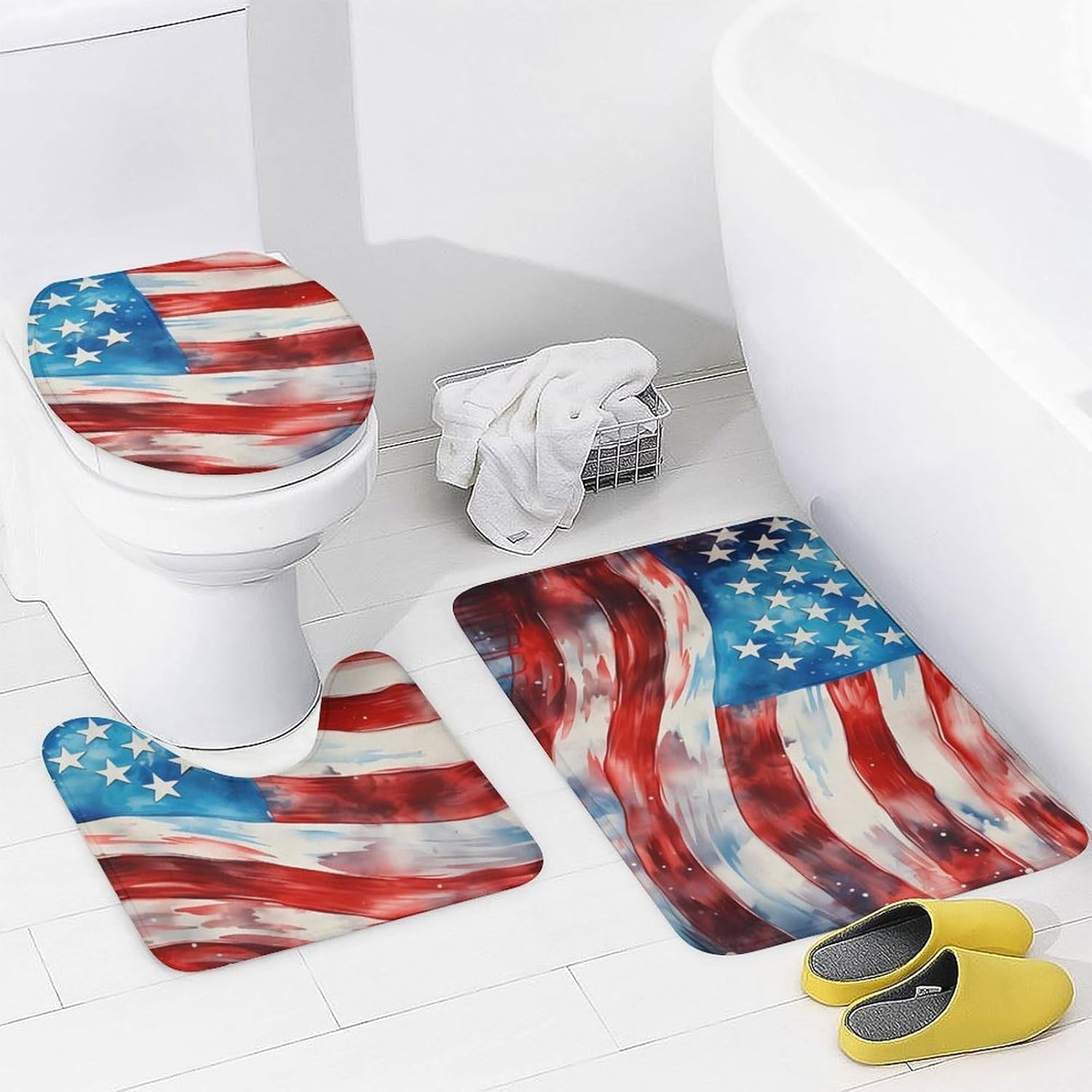 Th of July Patriotic U.S. Flag Bathroom Set with Shower Curtain Rugs Toilet Lid Cover and Floor Mats 4 Piece