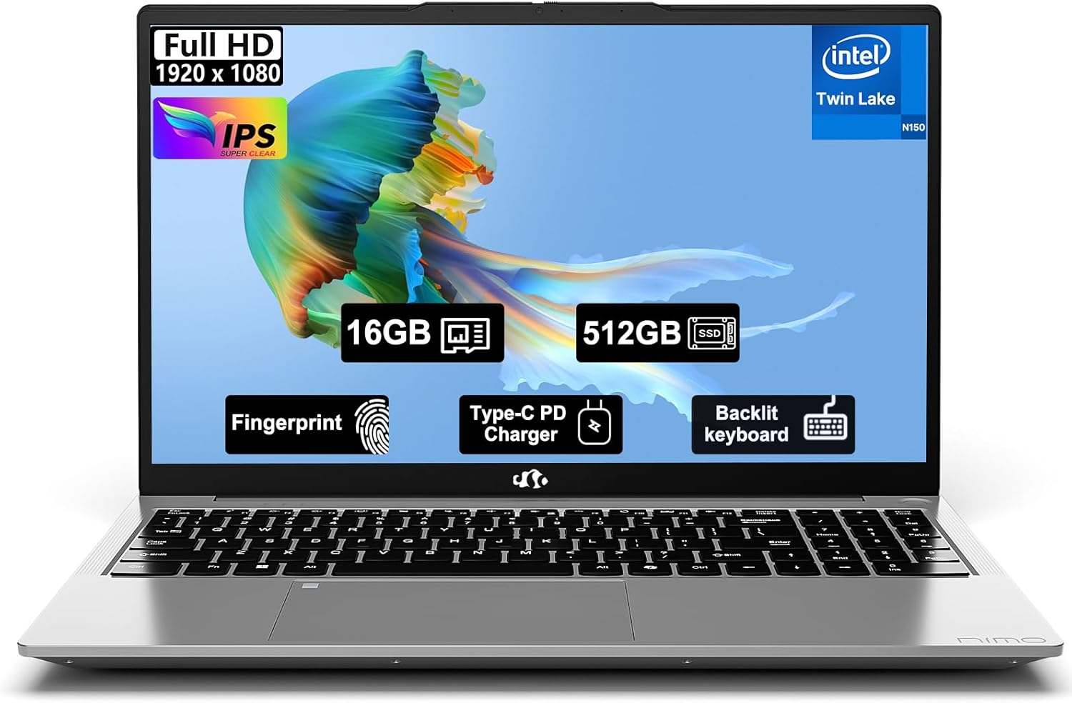 NIMO-15.6" Student-Laptop, 13th Gen Intel N150,16GB RAM 512GB SSD(Beat to i3-1115G4, Up to 3.6GHz), Backlit Keyboard Fingerprint FHD Computer Wi-Fi 6 BT5.2 65W Type-C