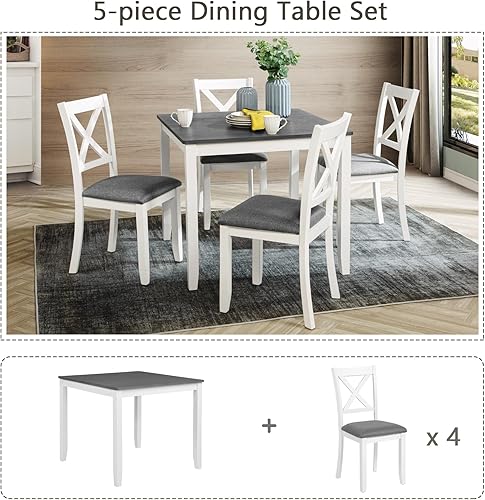 Miniatura 7 de KEIKI Juego de mesa de comedor de altura estándar de 5 piezas con mesa cuadrada y 4 sillas tapizadas con respaldo en forma de X, para 4 personas,