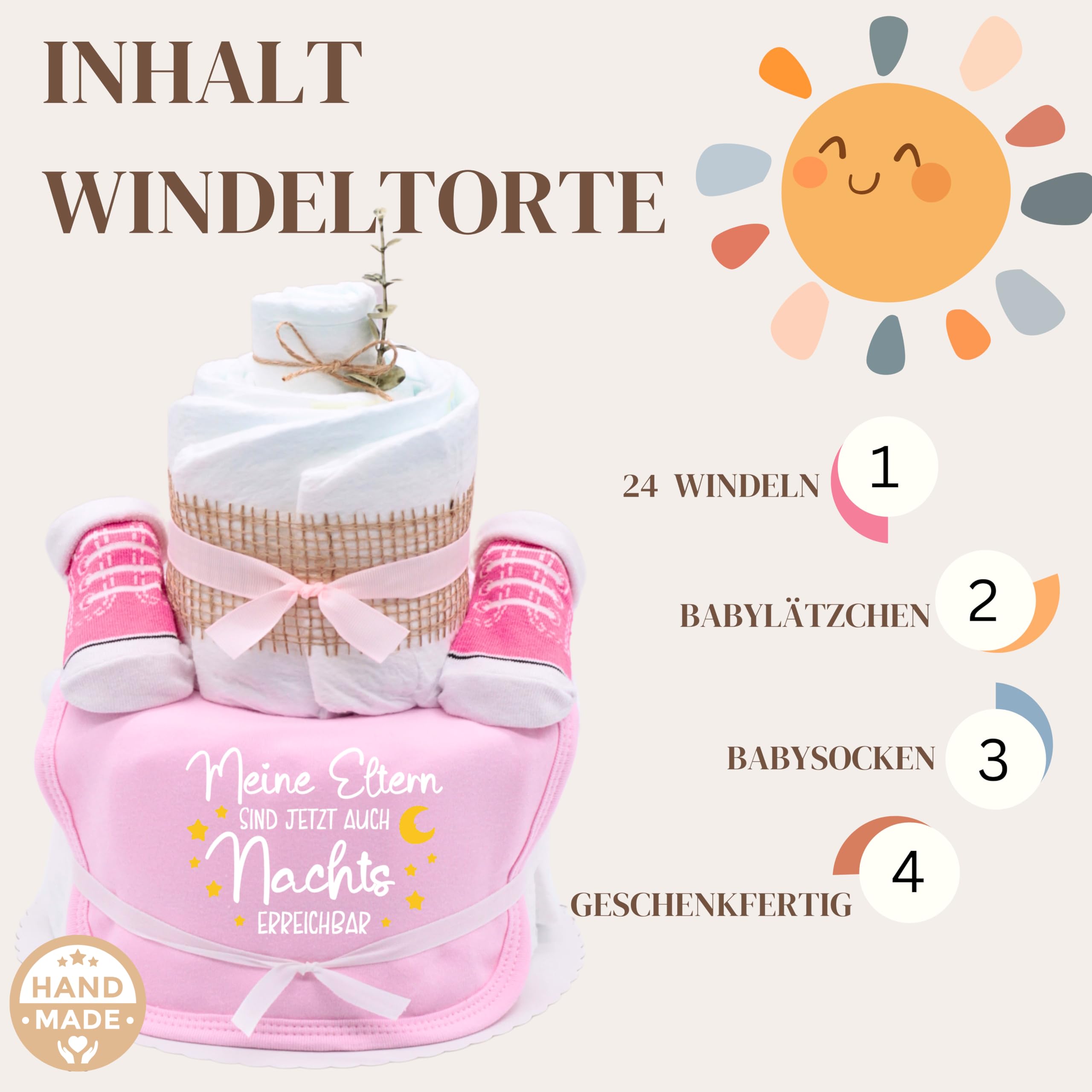 Trend Mama® | Sprüche Windeltorte | Meine Eltern sind jetzt auch Nachts erreichbar| 24 Windeln (Gr.2) Baby Lätzchen, Babysocken | Baby Party Geschenk (Rosa)