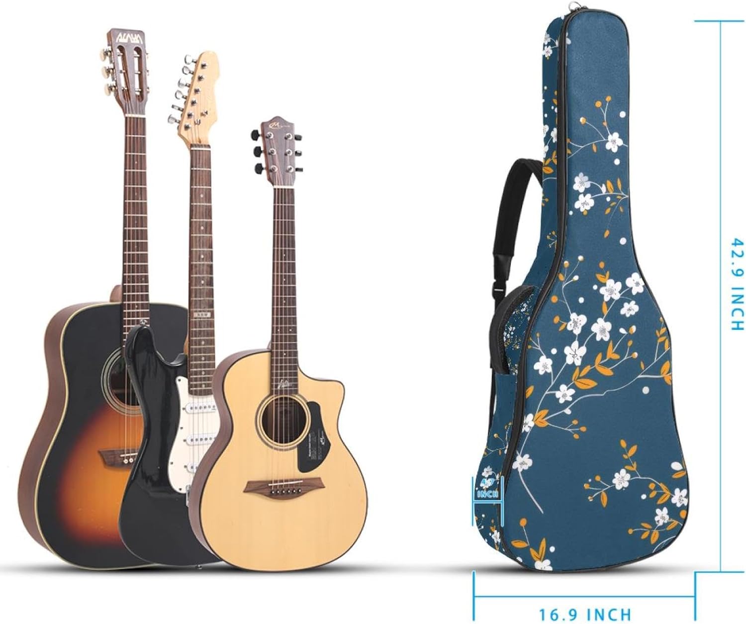 Acoustic Guitar Gig Bag 1 cm Thick Padding, Waterproof Electric Guitar Bag 40-42 Inch Guitar Case Backpack with Dual Shoulder Strap, Small Blooming Botanical Plants