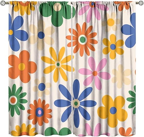 Cortinas florales retro de los años 70, estilo vintage, hippie, colorido, margaritas, decoración con bolsillo para barra, cortinas de ventana para
