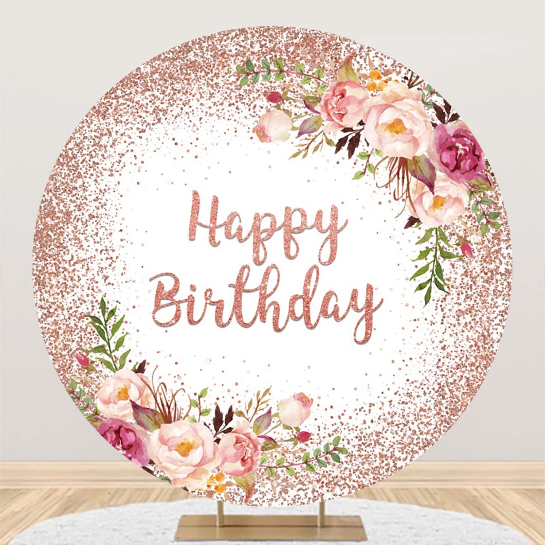 2,3 x 2,3 m 'Happy Birthday' tło różowe kwiatowe romantyczna róża okrągłe tła różowe złoto błyszczące kropki fotografia tło na przyjęcie urodzinowe dekoracja ciasto stół baner