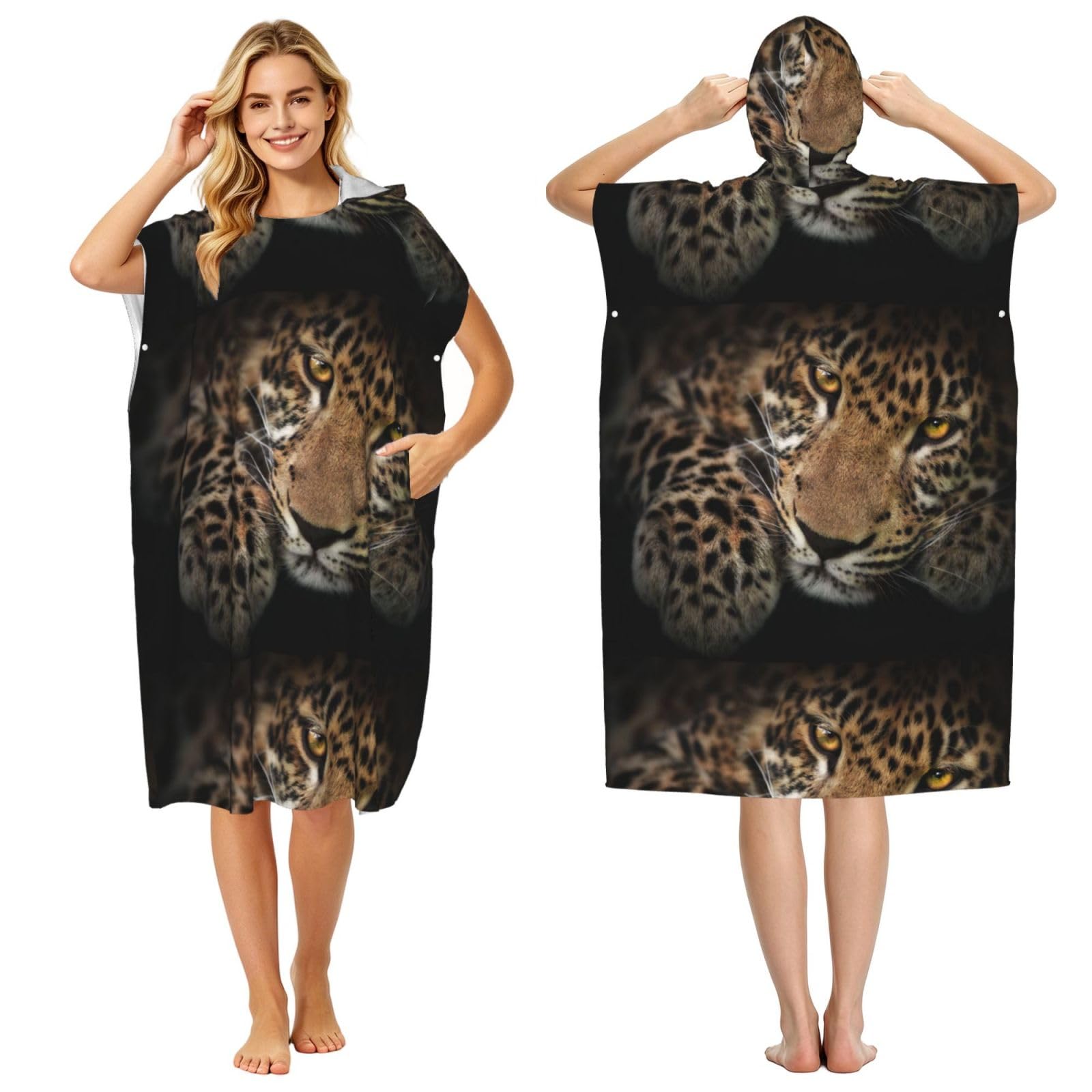 Poadnly Leopard, Adult Hooded Beach Towel 90 x 110 cm,Changing Bath Robe, Surf Poncho Towel For Women Men