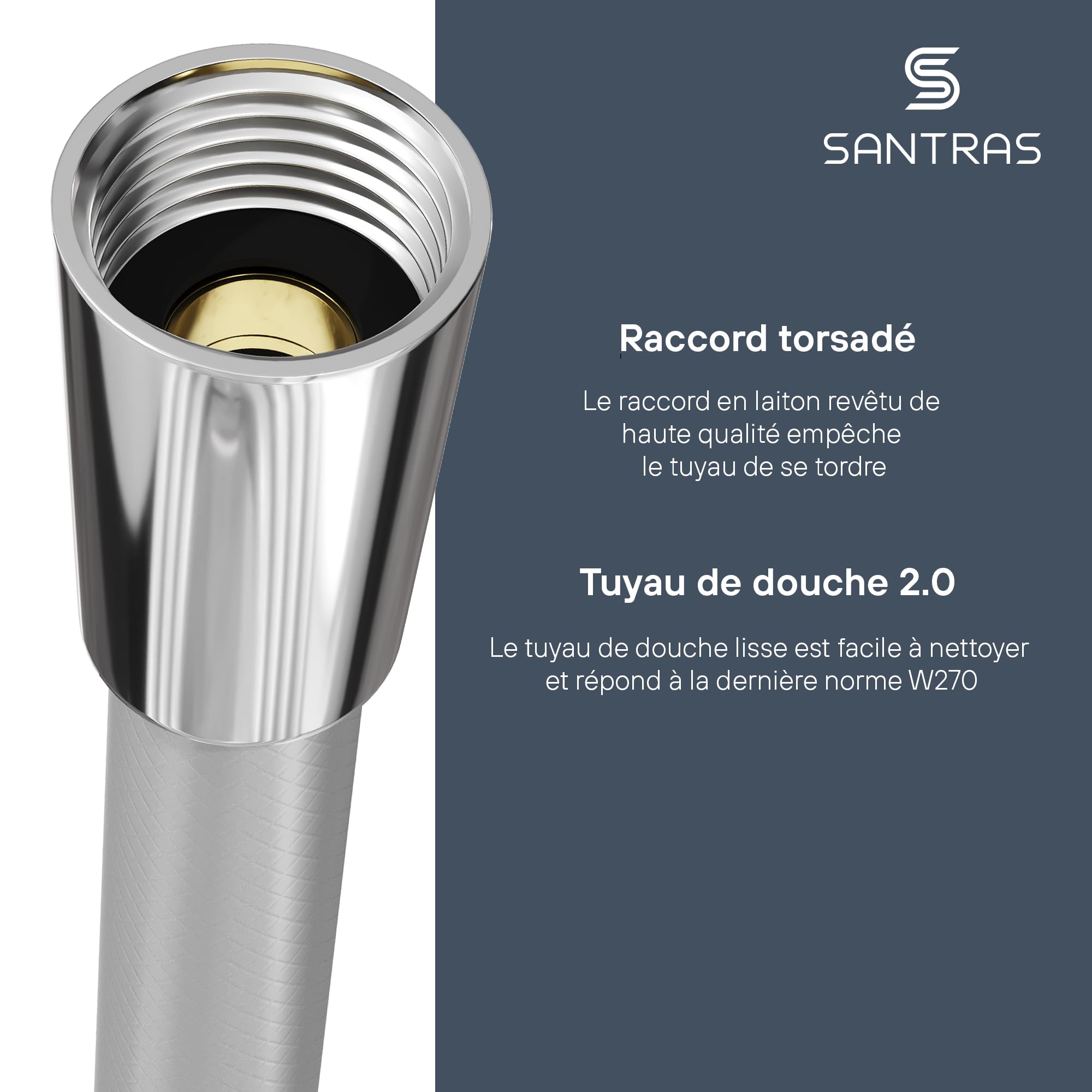 SANTRAS® Flexible de Douche 1.00 m Chromé – tuyau douche PVC avec anti-torsion et anti-pliure | raccord standard 1/2" avec joints inclus, compatible baignoire et douche