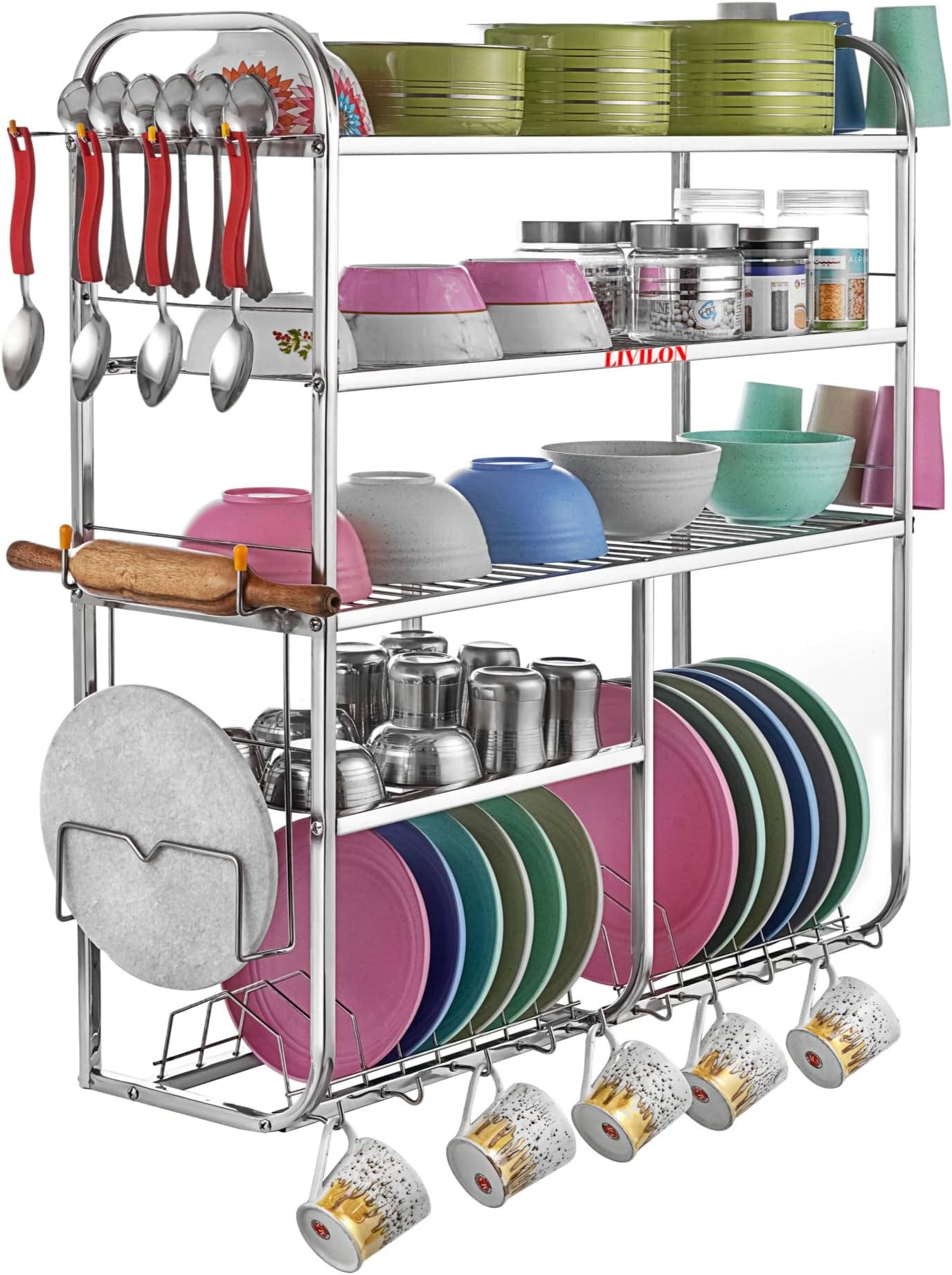 L LIVILON Wall Mount Kitchen 5 Shelf Utensils Dish Rack | Stainless Steel Utensil Rack/Stand | Dish Stand/Holder | Kitchen Organizer | Utensils Spoon Plate & Cutlery Stand (31x30x10 Inches)