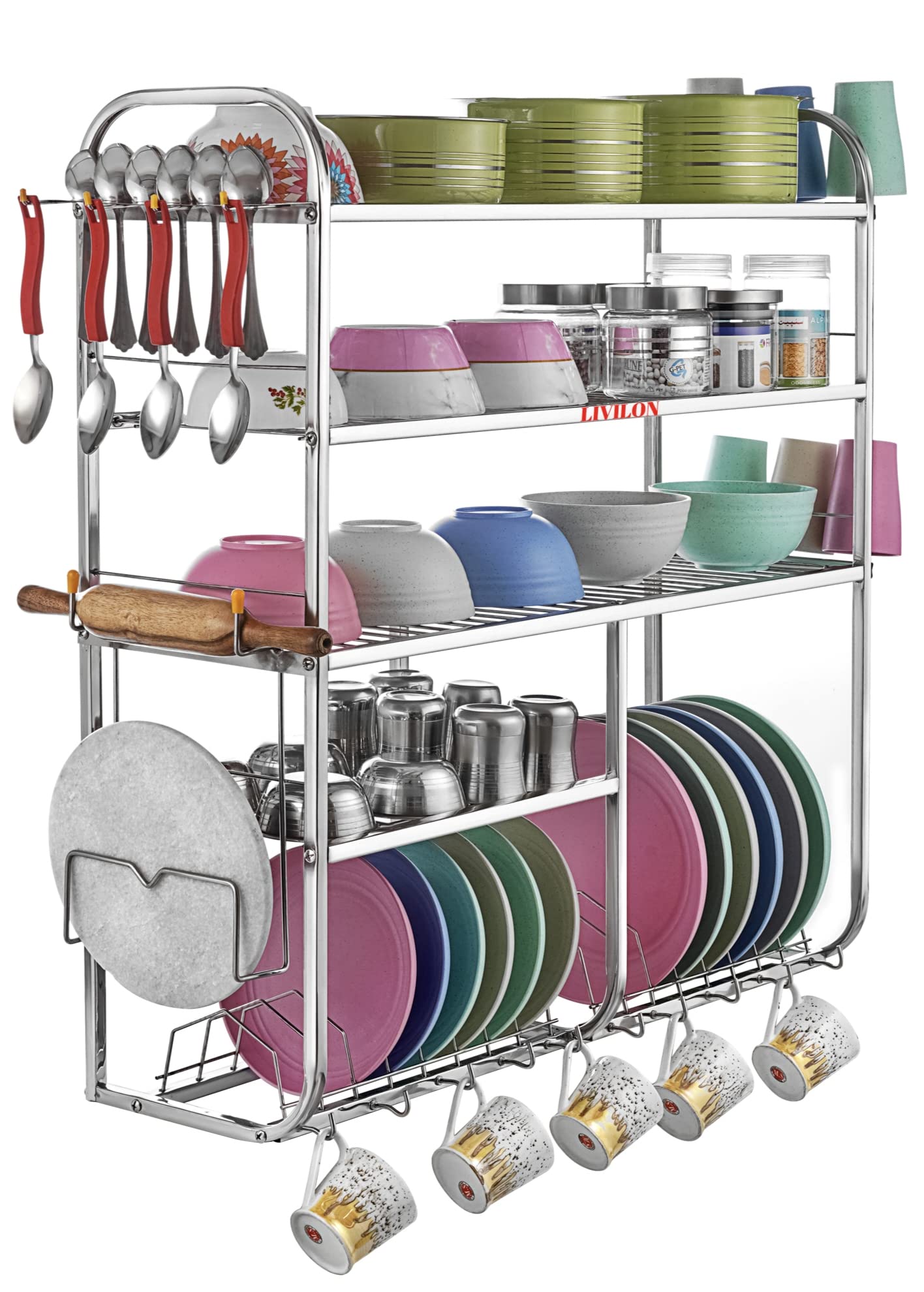Wall Mount Kitchen 5 Shelf Utensils Dish Rack | Stainless Steel Utensil Rack/Stand | Dish Stand/Holder | Kitchen Organizer | Utensils Spoon Plate & Cutlery Stand (31x30x10 Inches)