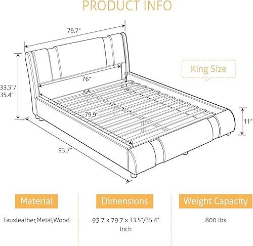 Miniatura 2 de SHA CERLIN Marco de cama tamaño king con piezas de hierro decoración y cabecera ajustable  cama de plataforma moderna de lujo tapizada con soporte