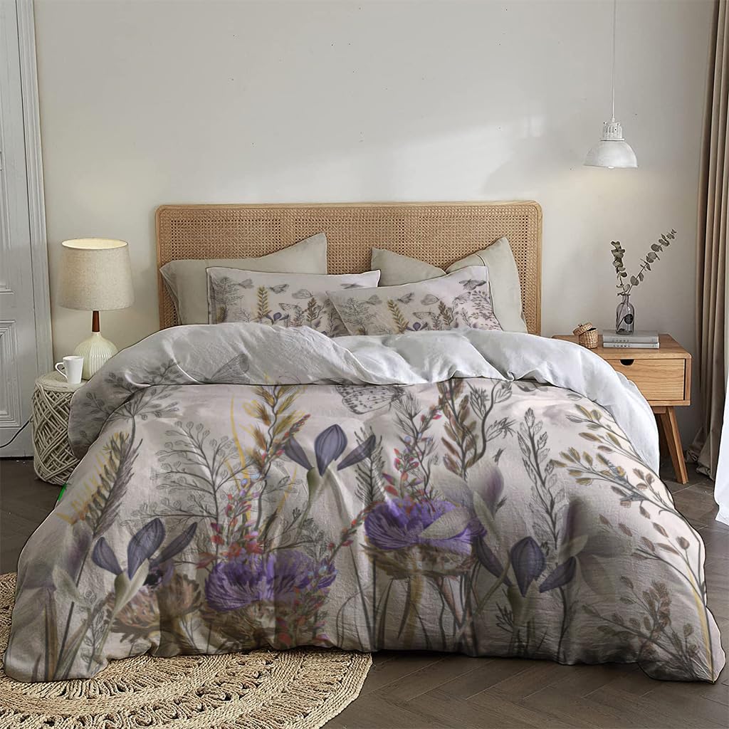 NIBAINLO 布団カバーヴィンテージスタイルの野の花と蝶 肌に優しい ピーチスキン加工 掛け布団カバー 和式 洋式 あったか 布団カバーセット リバーシブル ホームステイ ホテル 家庭兼用
