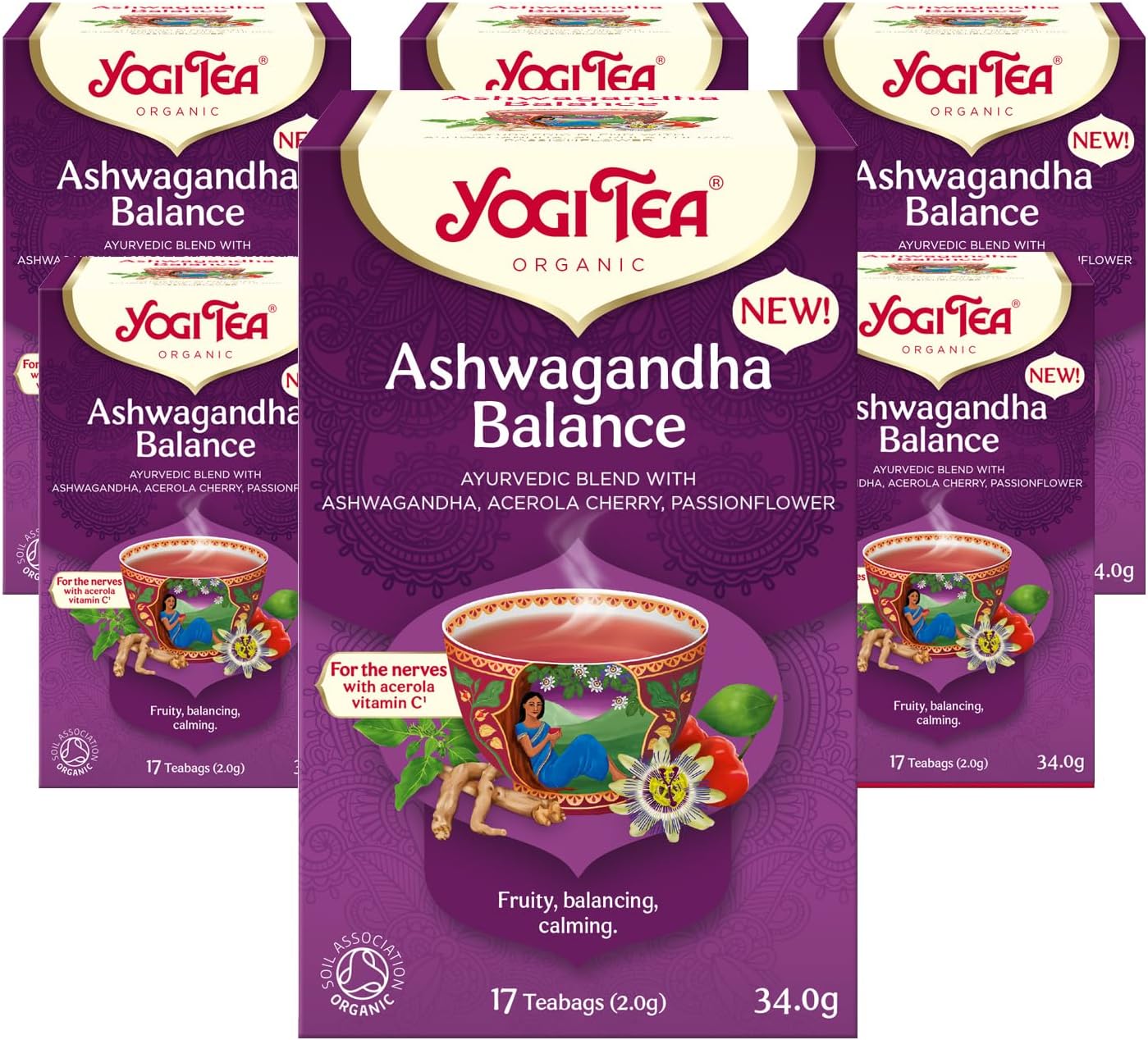 Yogi Tea, Ashwagandha Balance, Organic Herbal Tea, Blend of Ashwagandha, Acerola Cherry and Passionflower, 6 Packs of 17 Tea Bags (102 Teabags Total)