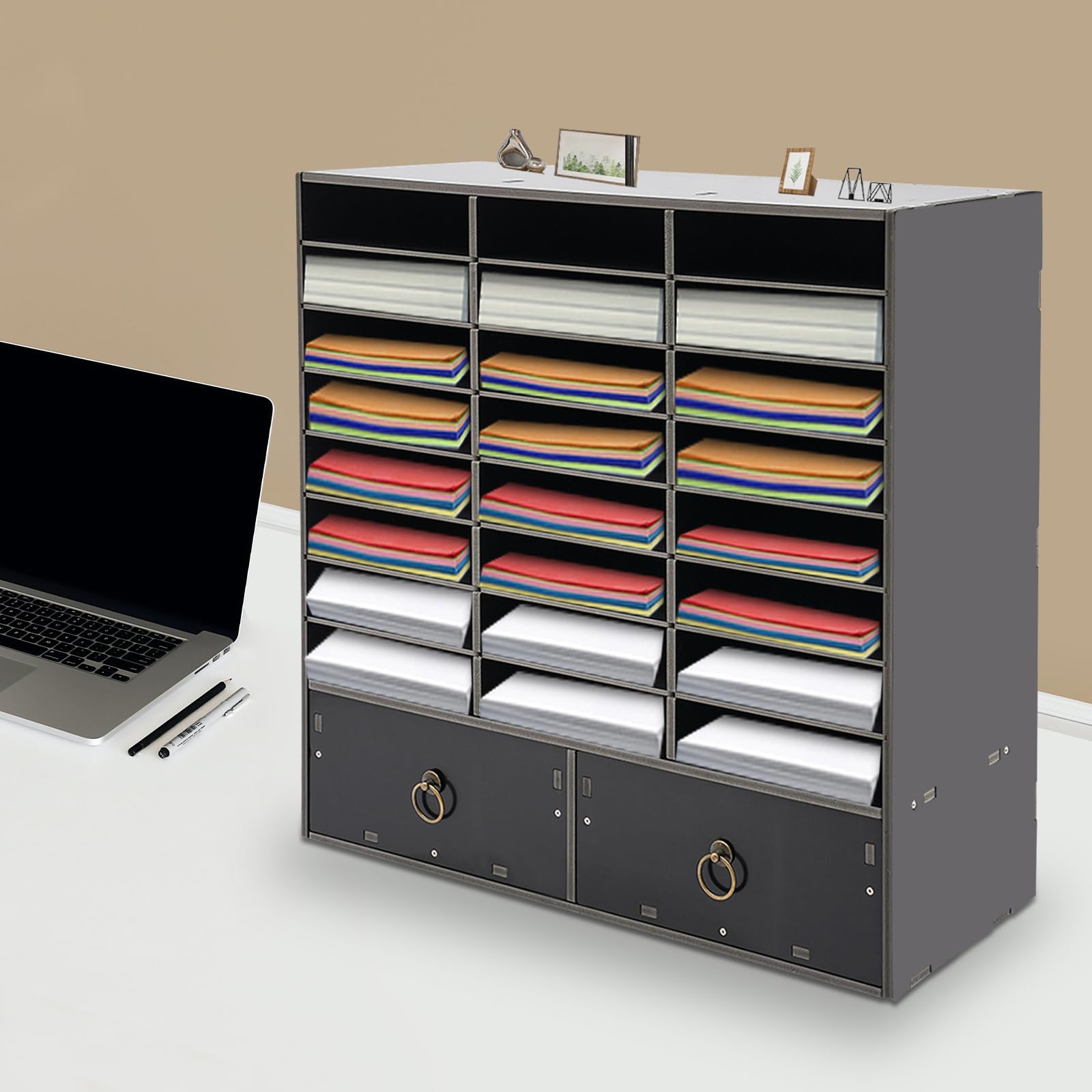24 scomparti, organizer da scrivania con 2 cassetti, in carta nera e organizzatore postale, per uffici, soggiorno, studio, 71,5 x 30 x 70 cm