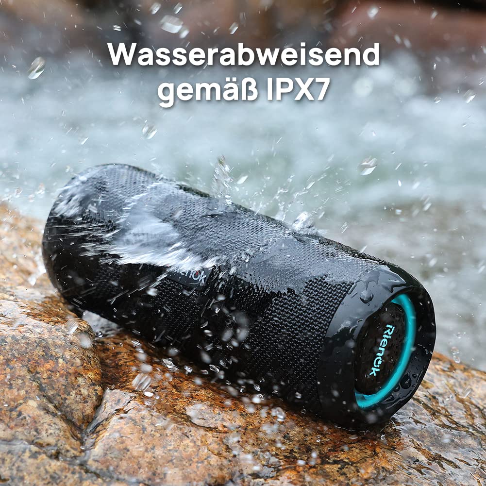 RIENOK Bluetooth Lautsprecher 30W mit Licht Bluetooth 5.3 Musikbox Bass Kabellos Box mit IPX7 wasserdicht Stereo Sound Tragbar