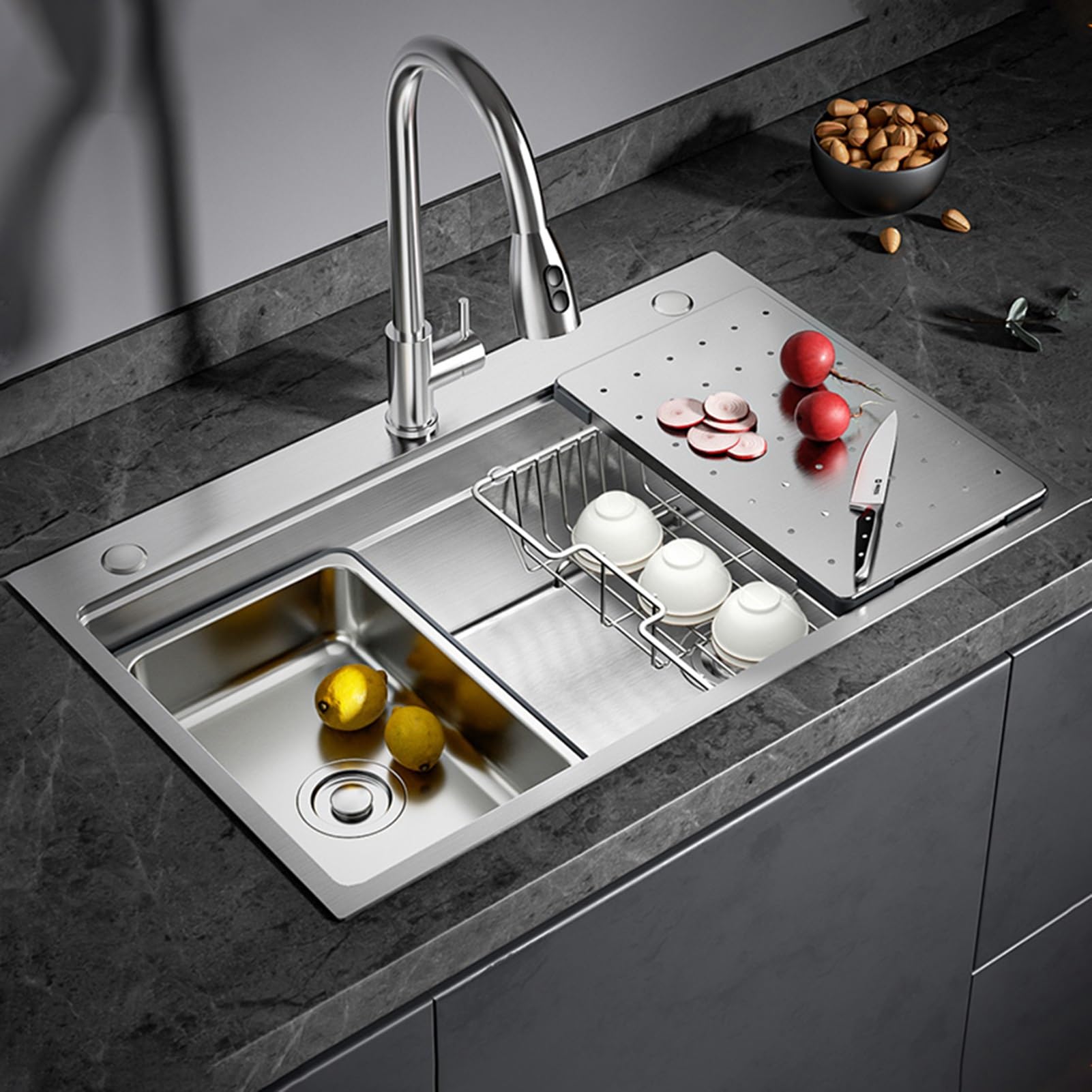 Fregadero Grande de Cocina 80x50cm, Acero Inoxidable 304 Cepillado, 1 Seno, con Tabla Cortar Inox, Escurridor, Rejilla y Kit Desagüe Completo, para Bajoencimera o Sobremesa