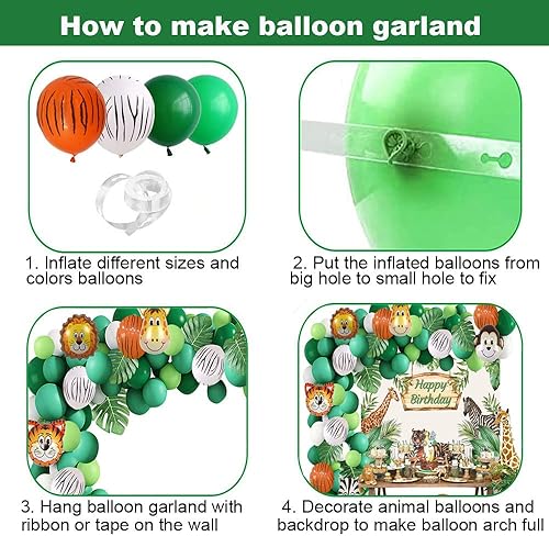 Miniatura 6 de Yancan Decoraciones de cumpleaños de safari para niños, suministros de fiesta temática de selva, kit de arco de guirnalda de globos verdes con fondo