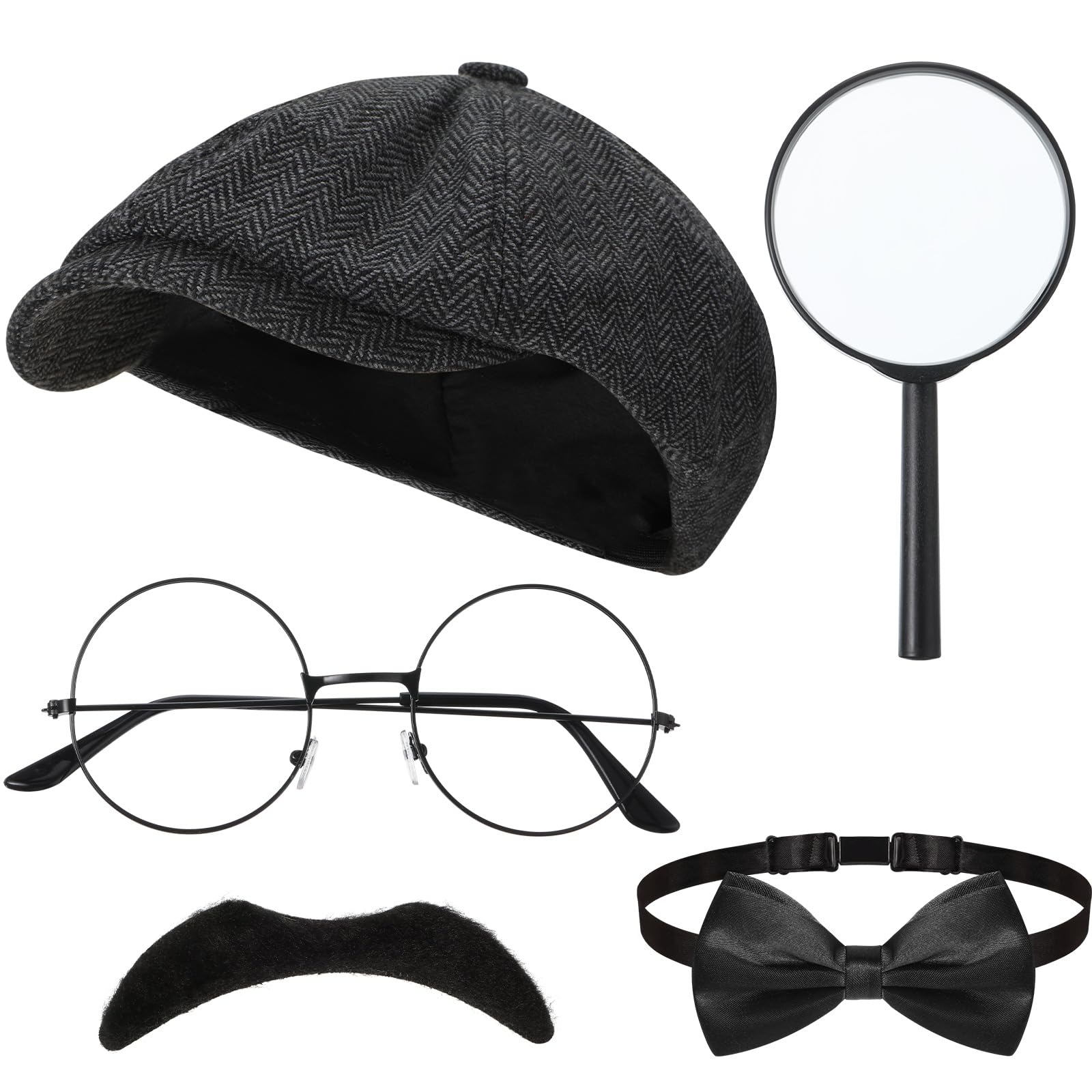 Kasyat 6 Pcs Detective Costume Accessories Adult Detective Hat Man Inspector Costume Set for Halloween Costume