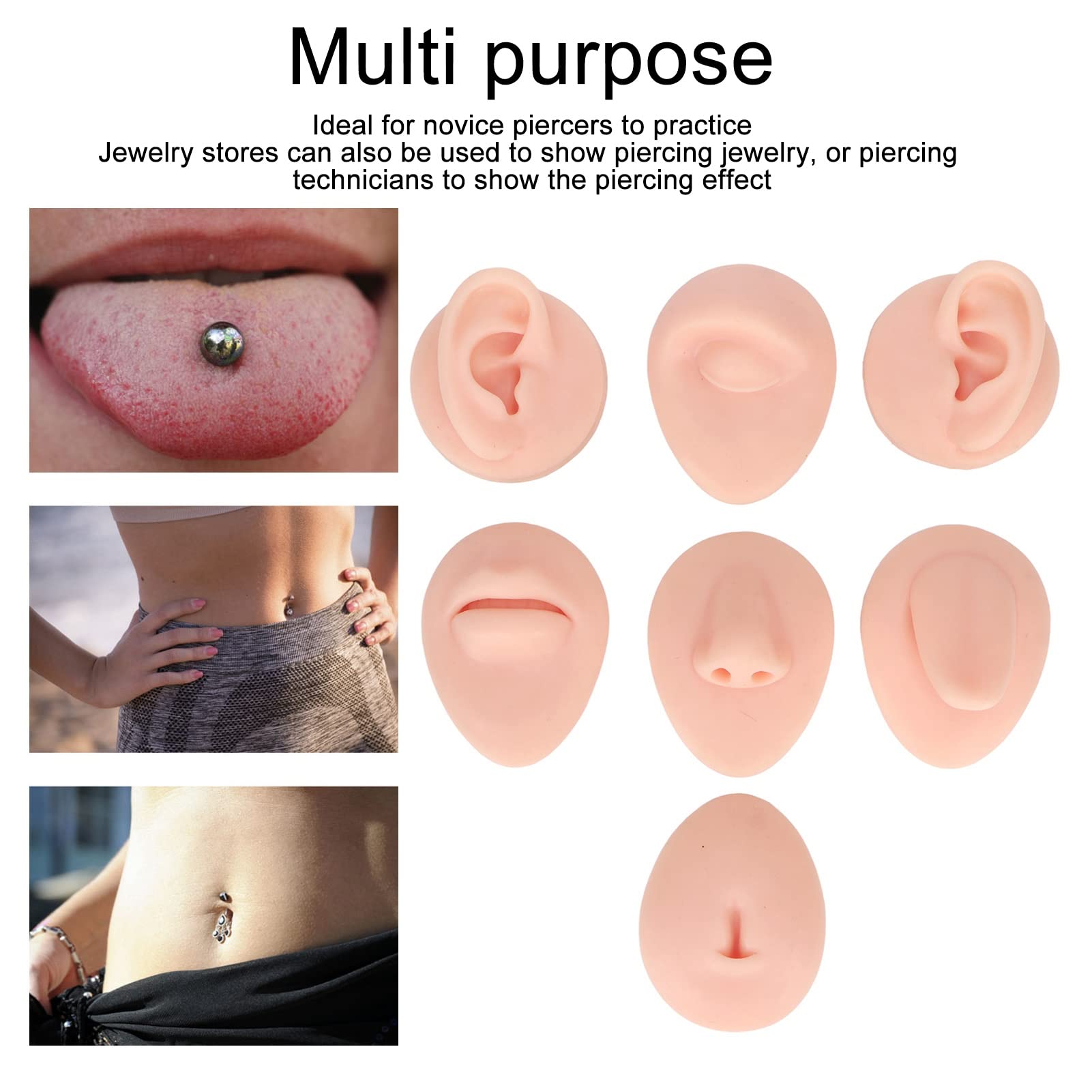 Silicone Piercing Body Model, Soft Silicone Flexible Model Body Part Displays Set, 3D Flexible Simulation Ear Model, with Ear Mouth Nose Eye Tongue Navel Model for Piercing Practic (Light Beige)