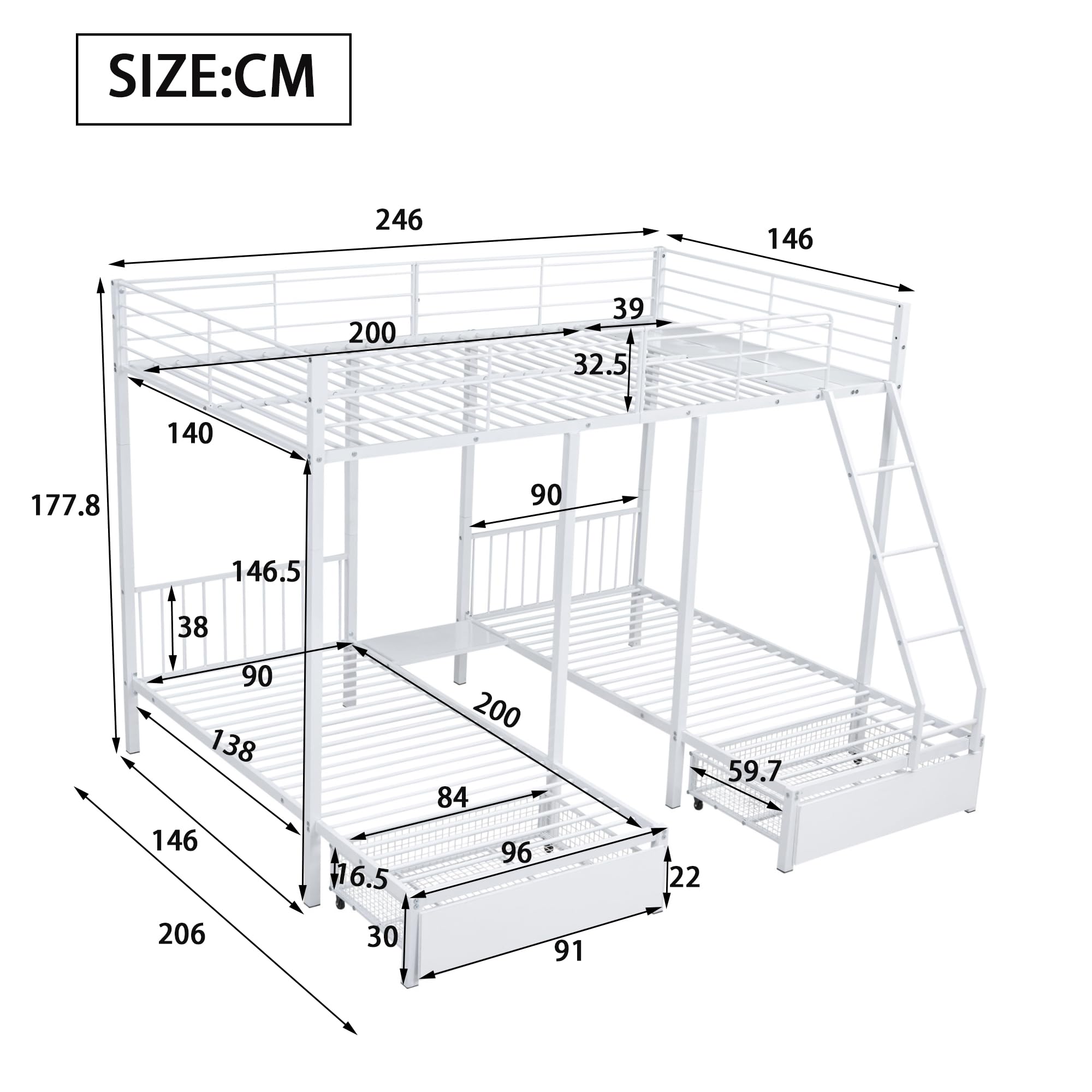 Moimhear Letto a castello triplo con cassetti, trasformabile in letto matrimoniale 140 x 200 e due letti singoli 90 x 200, letto multifunzionale con struttura in metallo (bianco)