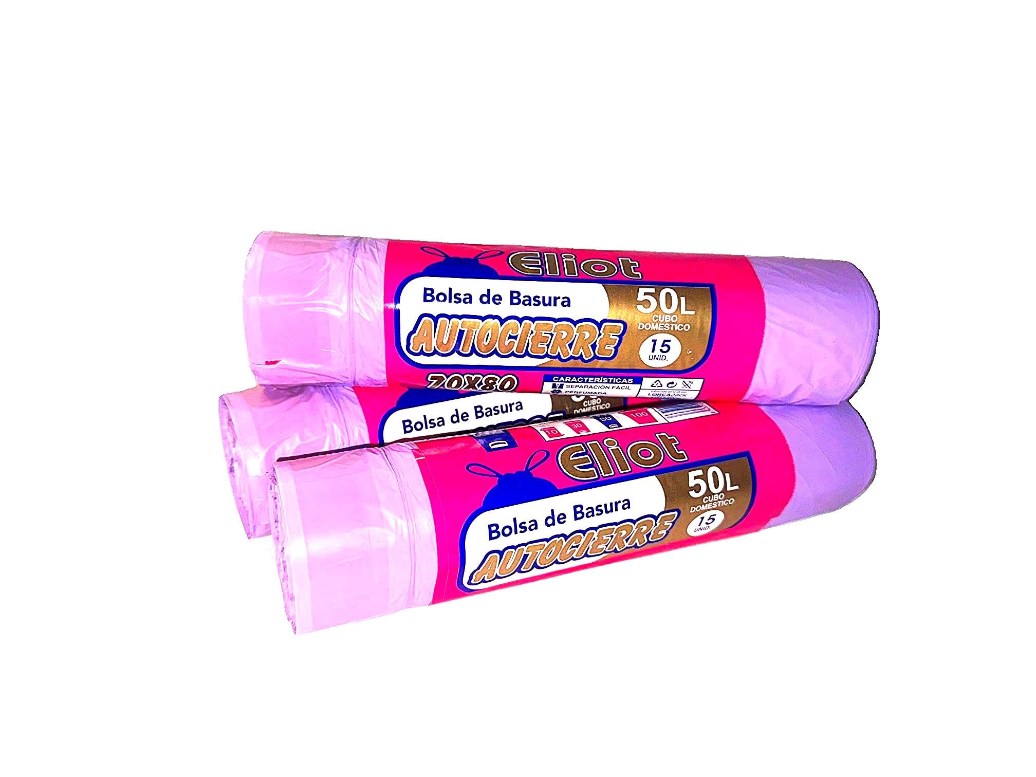 Bolsas de basura 50L autocierre - Pack 3 rollos (45 bolsas) Tricapa Extra Resistentes, perfumadas y anti-goteo 70x80 cm Para cubo doméstico, comunidad cocina o extreriores. (AE-50L)