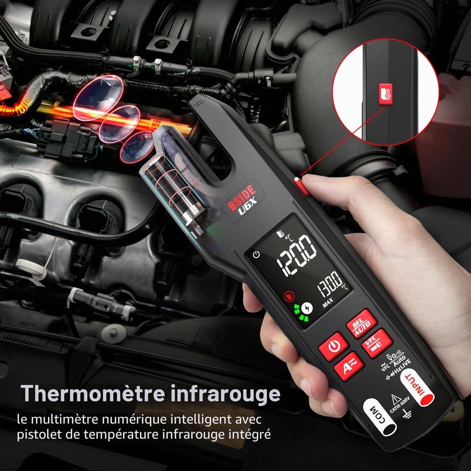 BSIDE U6X Testeur Électrique Pince Ampèremétrique Ouverte AC DC 600A avec Thermomètre IR Amélioré 12:1 LCD Couleur 9999 Comptes VFC Multimètre Numérique Intelligent TRMS avec Batterie Rechargeable
