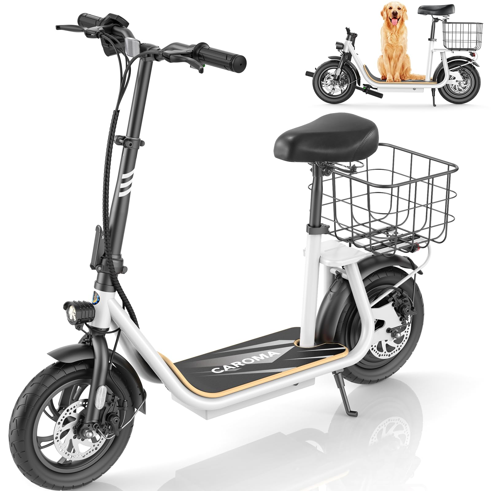 Caroma Electric Scooter with Seat, Max 30 Miles Range&20MPH Speed, Peak 800/1200W Motor, Foldable Electric Scooter for Adults and Teens, Commuter E Scooter with Basket&Adjustable Kid Seat