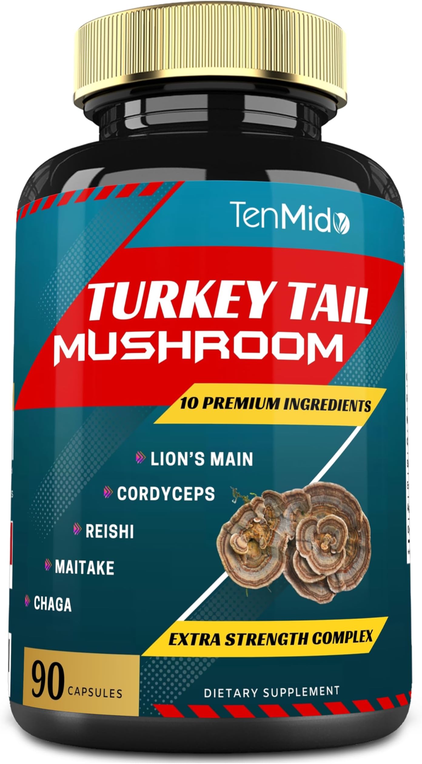 Turkey Tail Mushroom Supplement Extract with Lions Mane, Cordyceps, Reishi and More, 10 Herbs in 1 | Improves Digestive Function, Supports Immune System, 3 Months Supply
