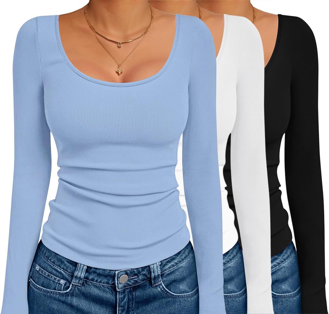 Ekouaer 3 Pack Long Sleeve Shirts for Women Scoop Neck Ribbed Thermal Tops Slim Fit Basic Undershirts XS-XXL