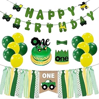 PRATYUS Farm Green Tractor First Birthday Party Decoration With Green Birthday Banner,Baby Crown Hat, Tie and Cake Topper for Baby Girl Boy Photo Booth Props
