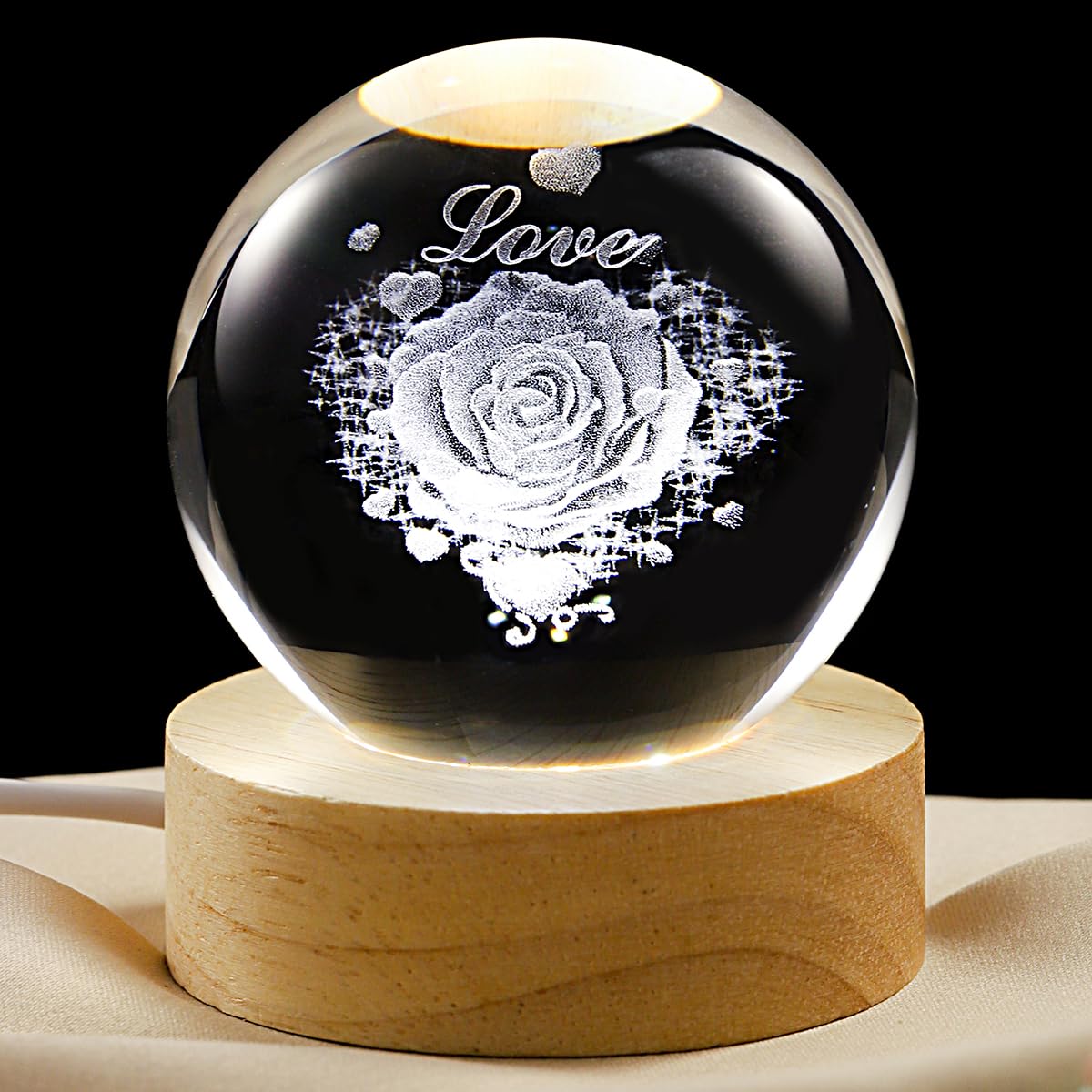 3D Love Crystal Ball Lamp with Dimmable LED and Wooden Base, Night Light for Kids Teens Adults, Home Desk Office Bedroom Decor, Birthday Gift (2.4”/ 6cm)