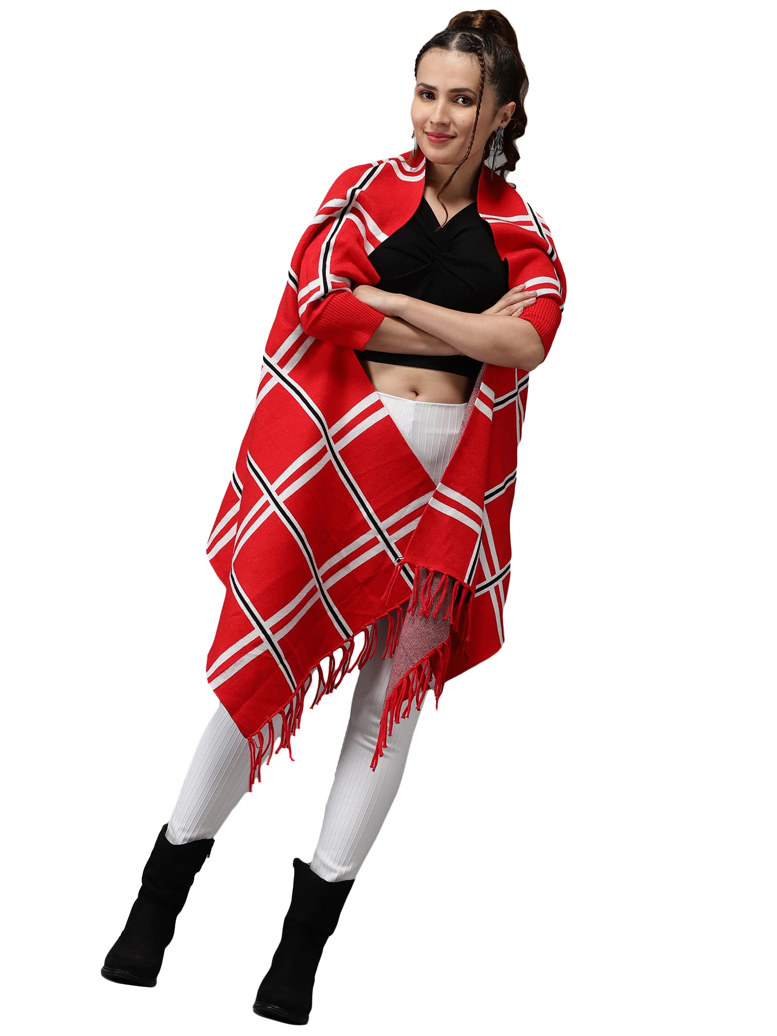 SHOWOFF Women's Short Sleeves Longline Red Checked Poncho-BLR-2299_Red-image-43