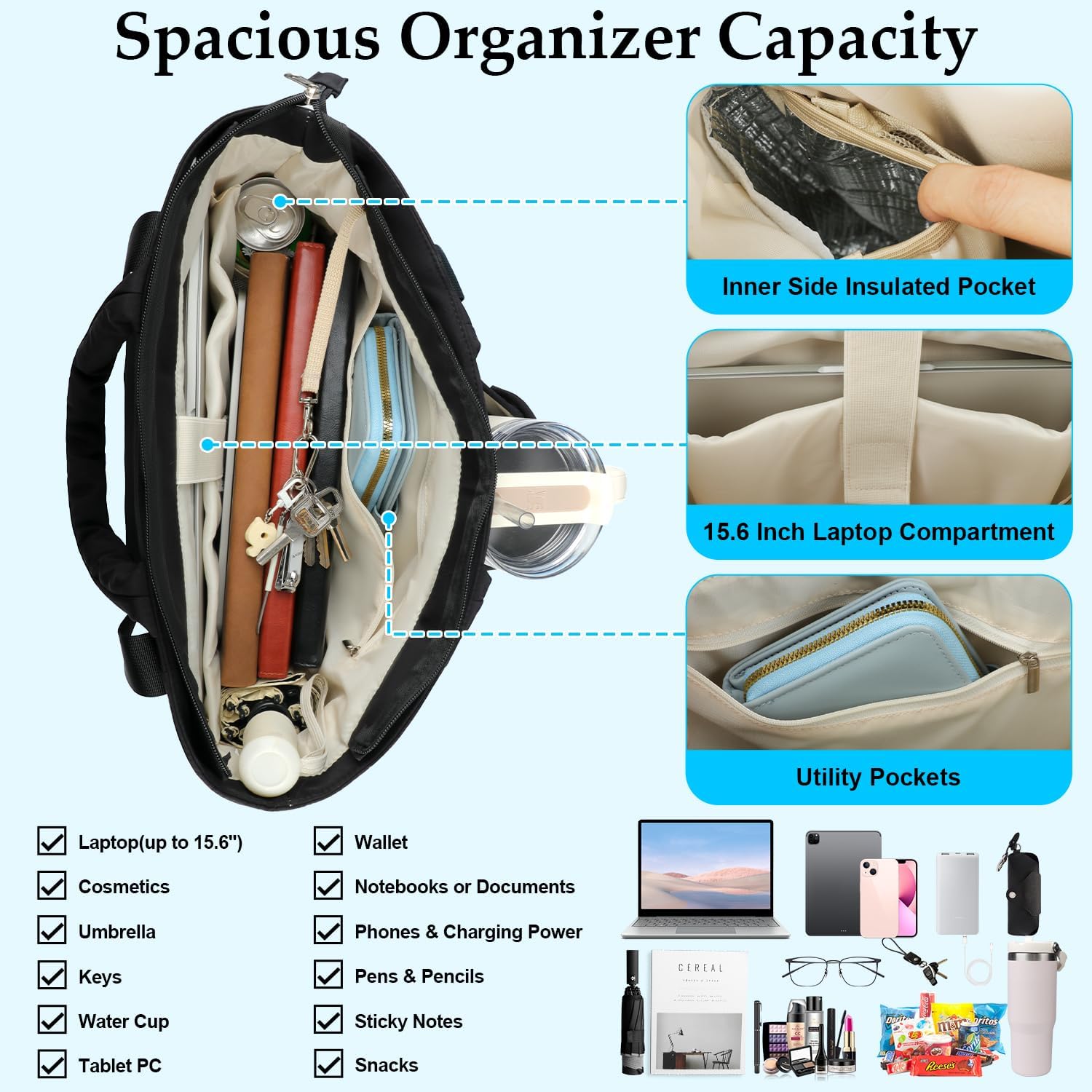 Work Tote Bag for Women with Large Front Cup Holder& 15.6 Inch Laptop Compartment, Lightweight Puffer Laptop Tote Bag with Long& Short Handle for Teacher Nurse Office Supplies Organizer (Black) - Image 4