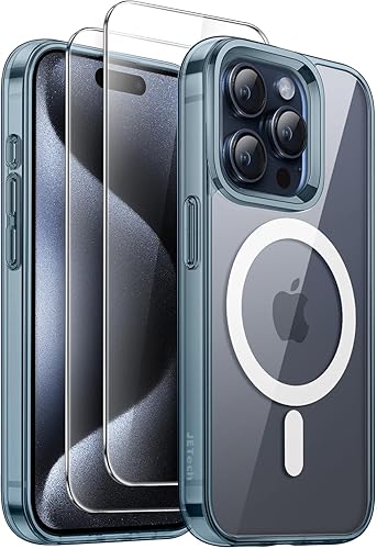 JETech Funda magnética 3 en 1 para iPhone 15 Pro de 6.1 pulgadas con 2 protectores de pantalla de vidrio templado, compatible con MagSafe, funda a