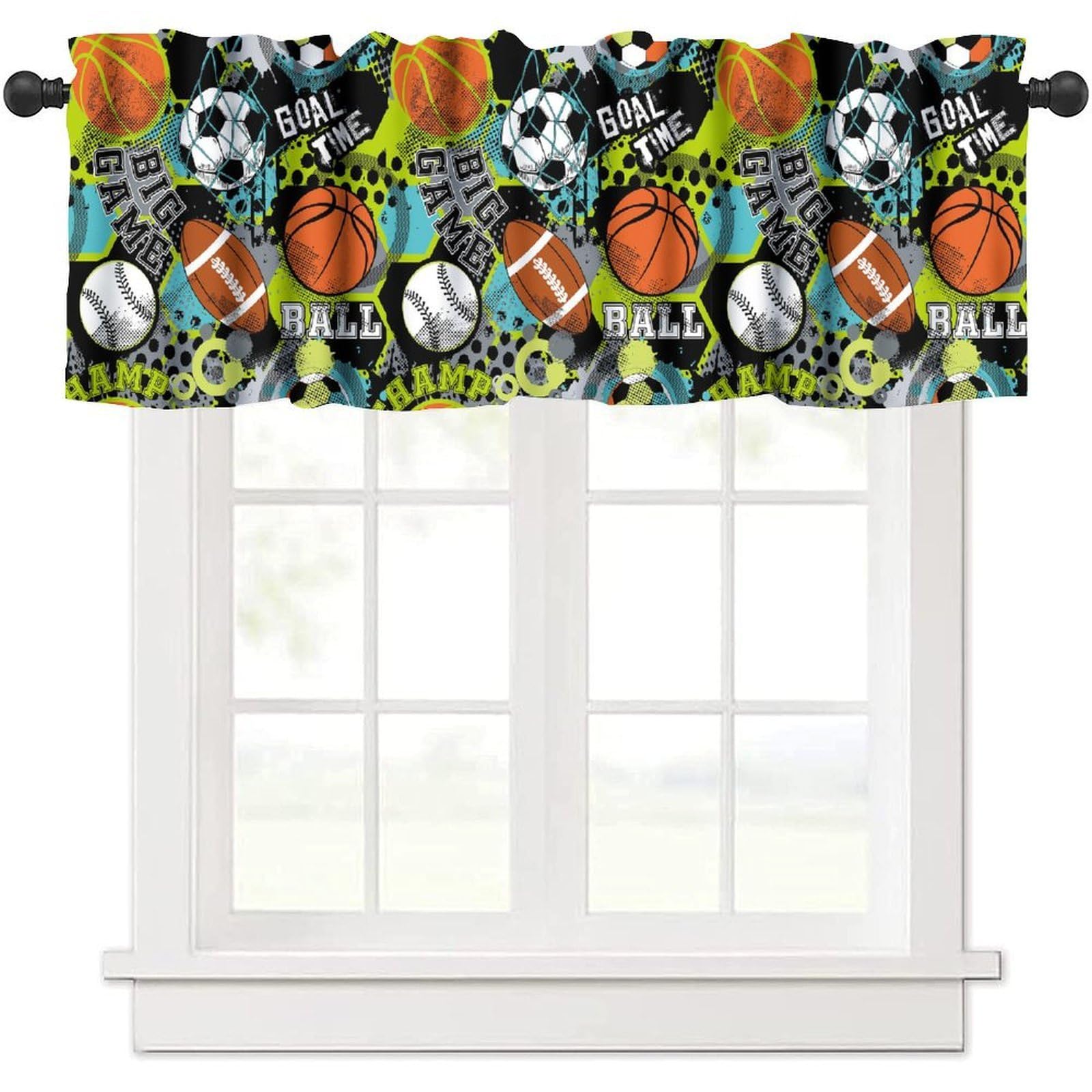 moderw Sport Soccer Valance Curtain, Basketball Baseball Rugby Football Sports Theme Window Treatment Valance for Kids Boys Girls Bedroom Living Room 54x18inch