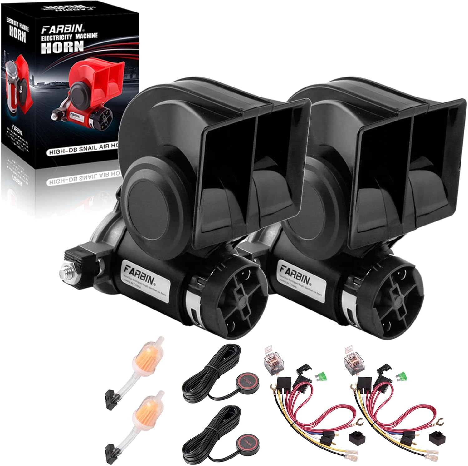 FARBIN Air Horn for Truck 2Pcs, Compact Train Horn,Electric Car Horn 12V 150db Super Loud with 2Pcs Wiring Harnesses and Buttons, for Any 12V Vehicles (Black horn with button 2pcs)