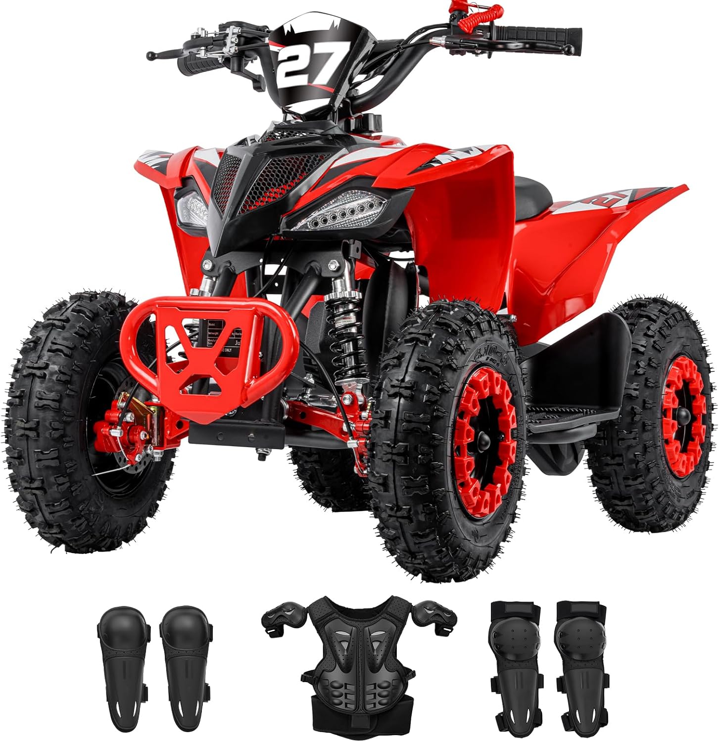 Gas 4 Wheeler Gas Powered 49cc Kids ATV with Kill Switch, Tether Lanyard Hydraulic Brakes Gear 15 MPH, Red