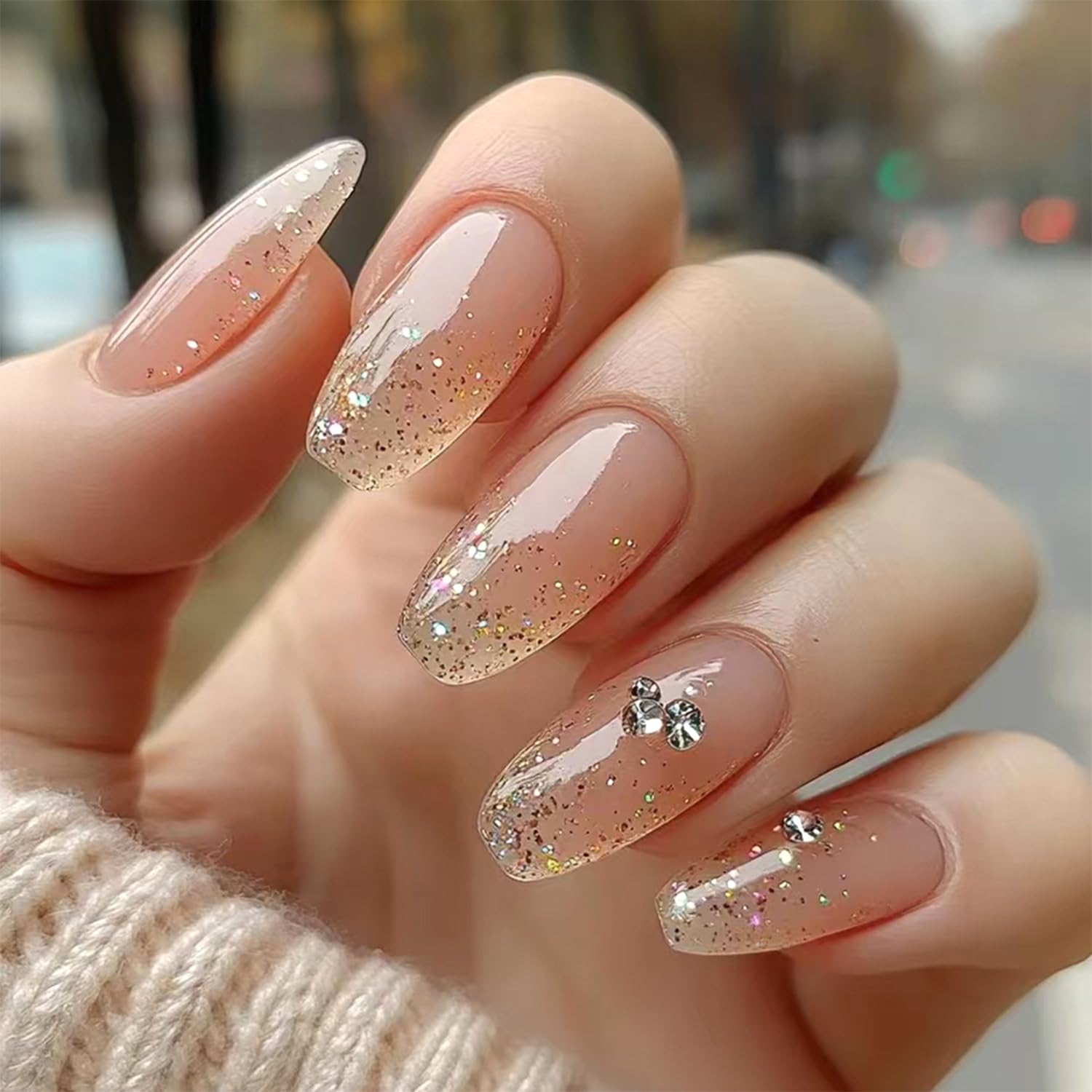 Glitter Press on Nails With Rhinestones Medium Square False Nails Mirror Acrylic Glue on Nail Reusable Full Cover Fake Nail for Women Girls