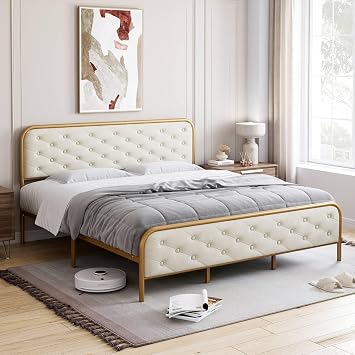 IDEALHOUSE 2024 New Full Bed Frame, Luxurious Bed Frames with Elegant Button Tufted Curved Headboard Velvet Upholstered Platform Bed Frame, No Box Spring Required, Gold-White