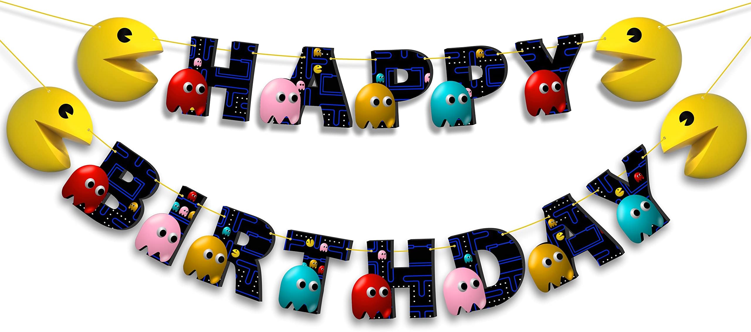Pacmn Happy Birthday Banner - Retro Gaming Party Decor | Classic Arcade Theme Celebration Banner | Fun & Vibrant Wall Decoration for Event