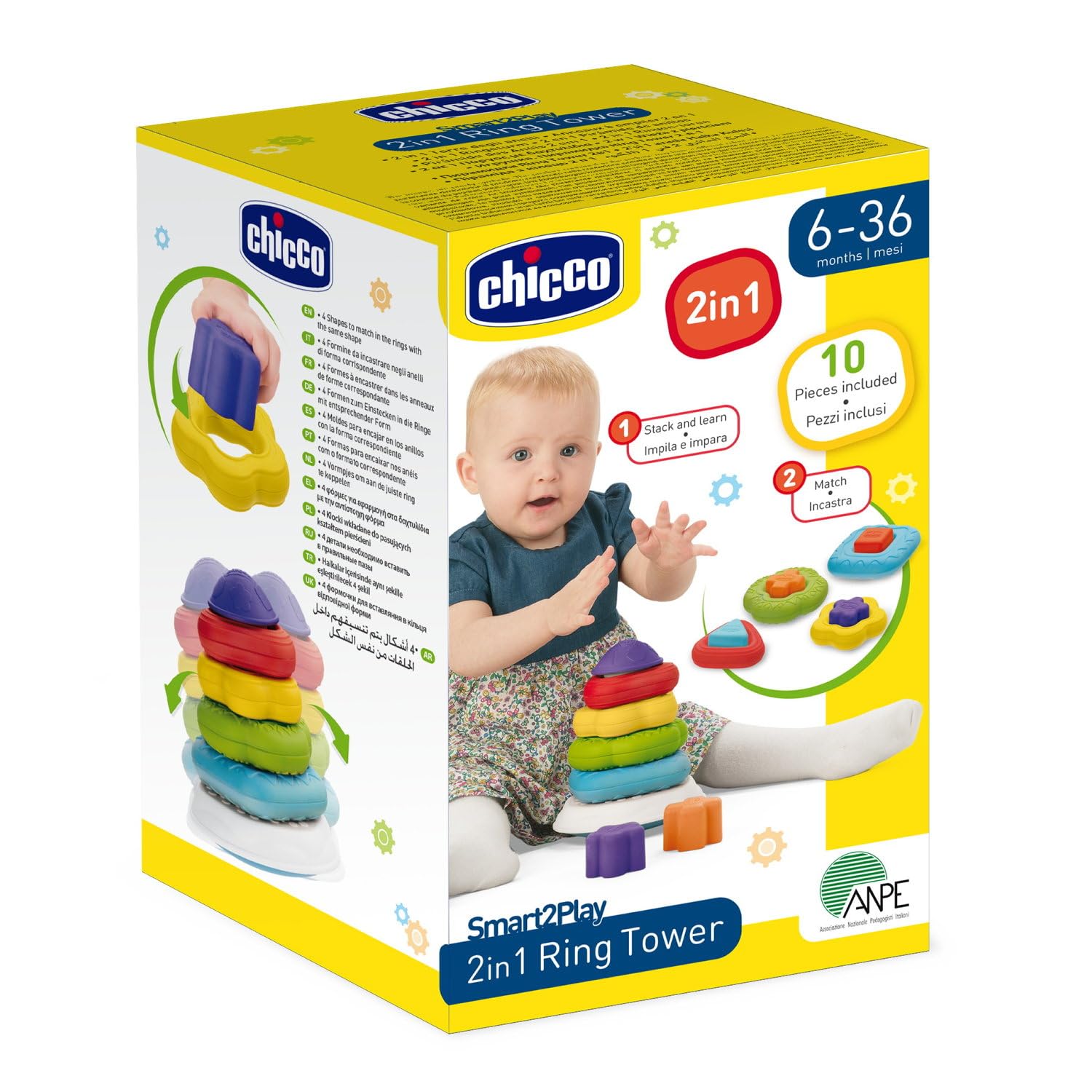 Chicco Torre Anelli 2in1 Gioco Impilabile, Centro attività, Gioco Forme Incastri e Texture Differenti, Sviluppo Manualità e Coordinazione, Regalo Bambino, 6-36 Mesi
