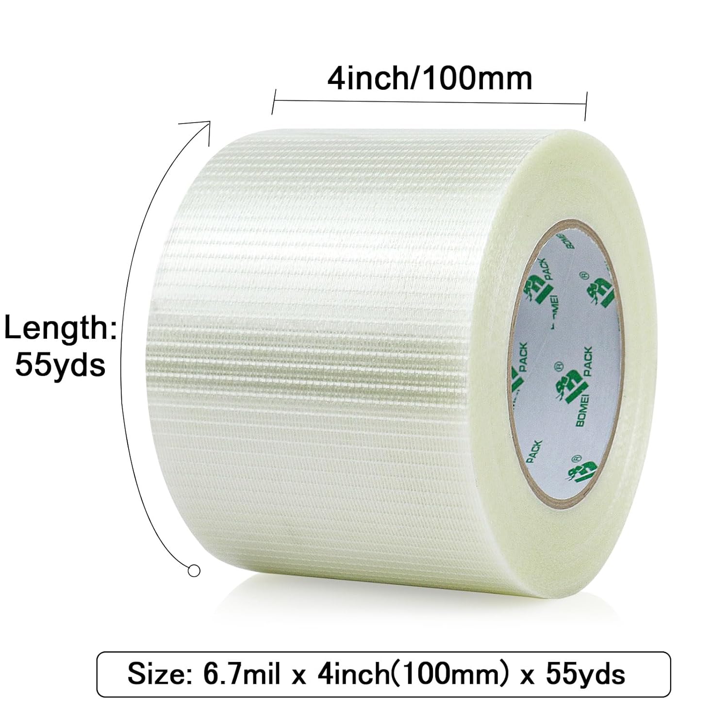 BOMEI PACK Fiber Reinforced Packing Tape 4 inch, Wide Clear Heavy Duty Bi Directional Filament Strapping Tape 4Inch x 55yds 6.7Mil