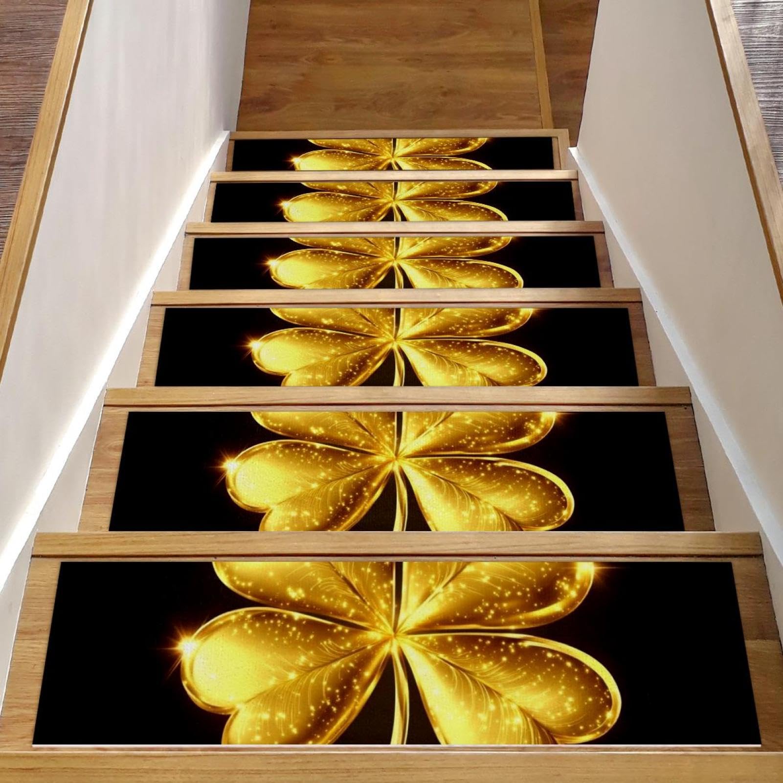 Tapis d'escalier antidérapants intérieur lot de 15 déco trèfle doré marches bois