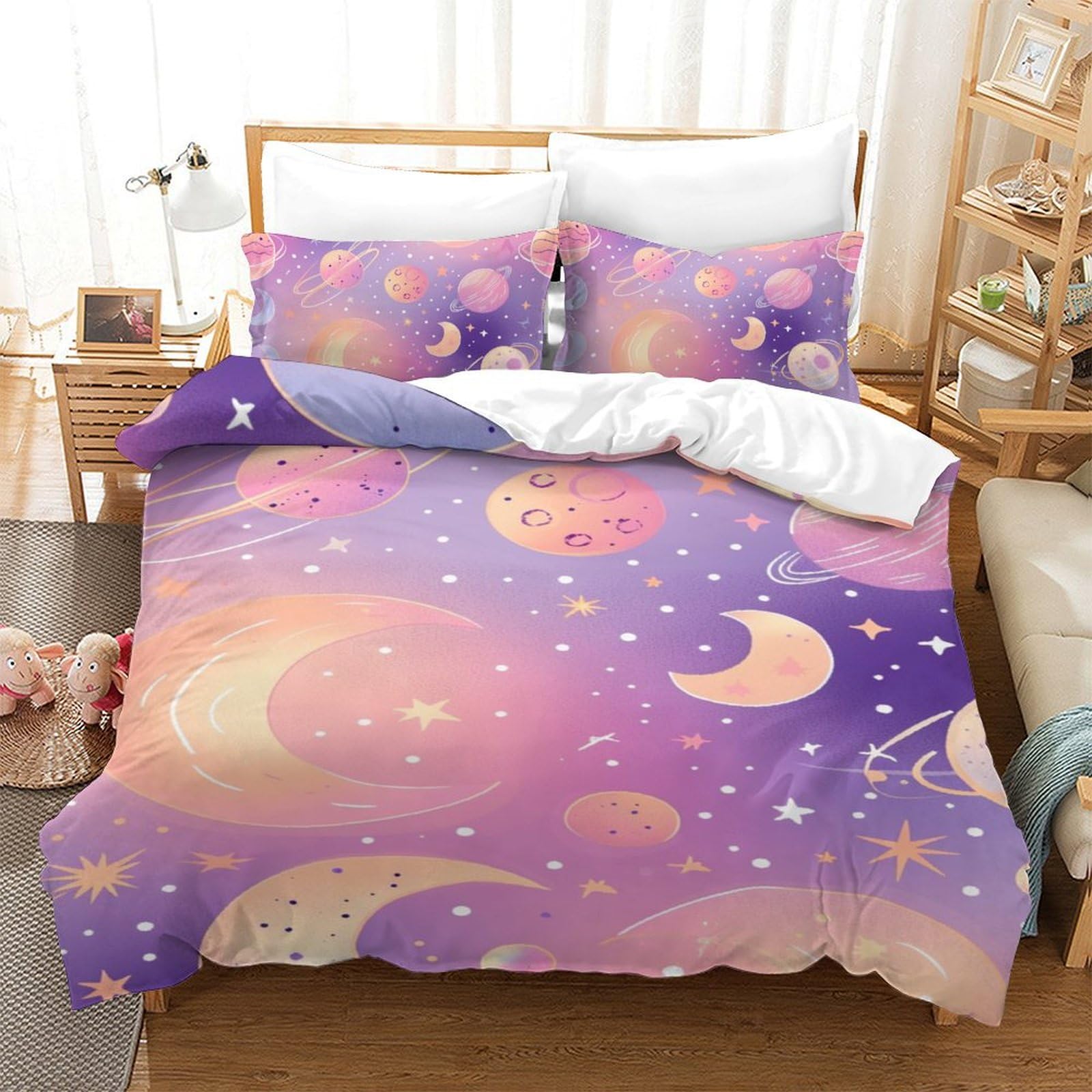 Housse de couette 3D lune et étoiles lit simple parure de lit microfibre respirante 140x200